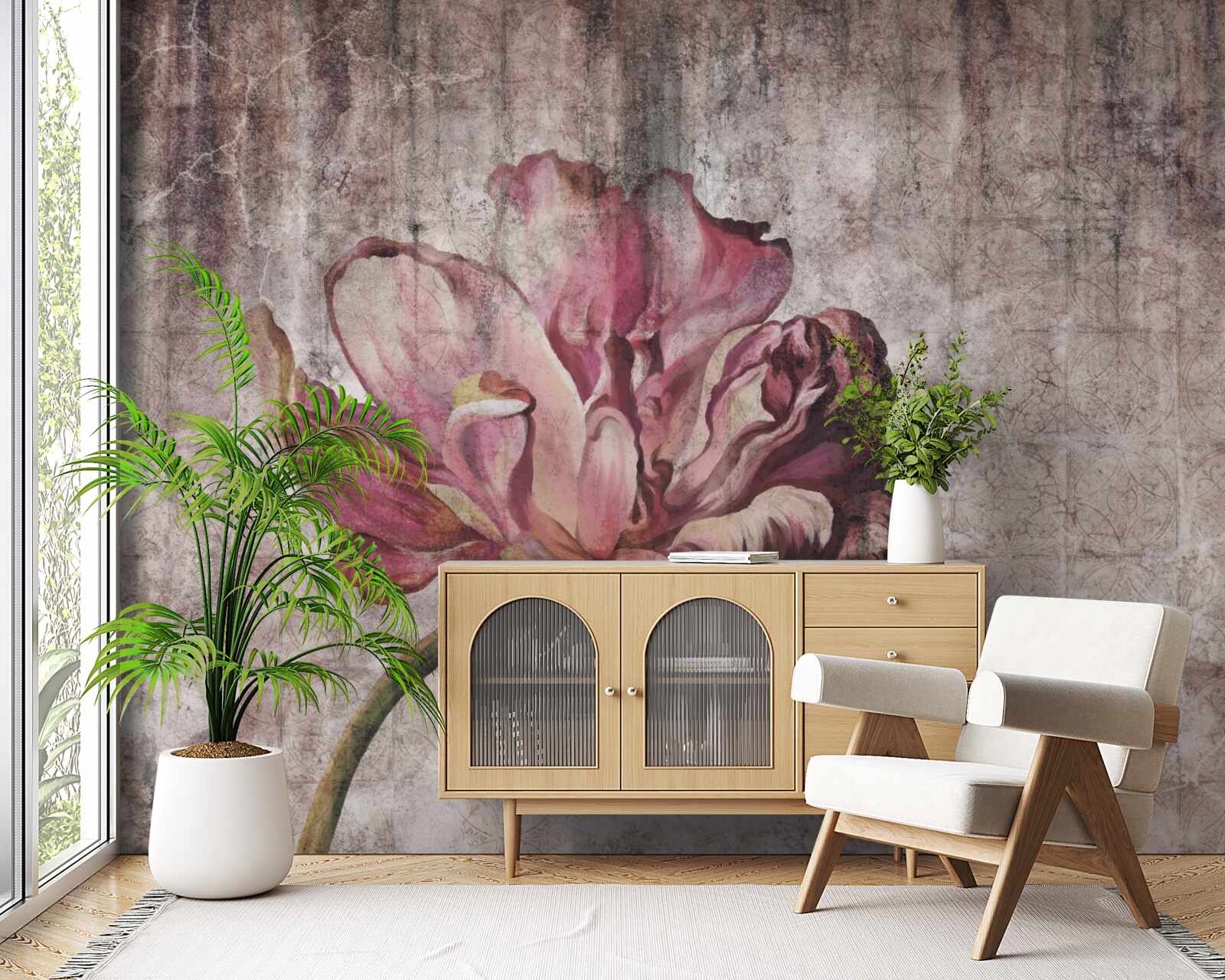 Papier peint une fleur écarlate solitaire sous une pluie battante