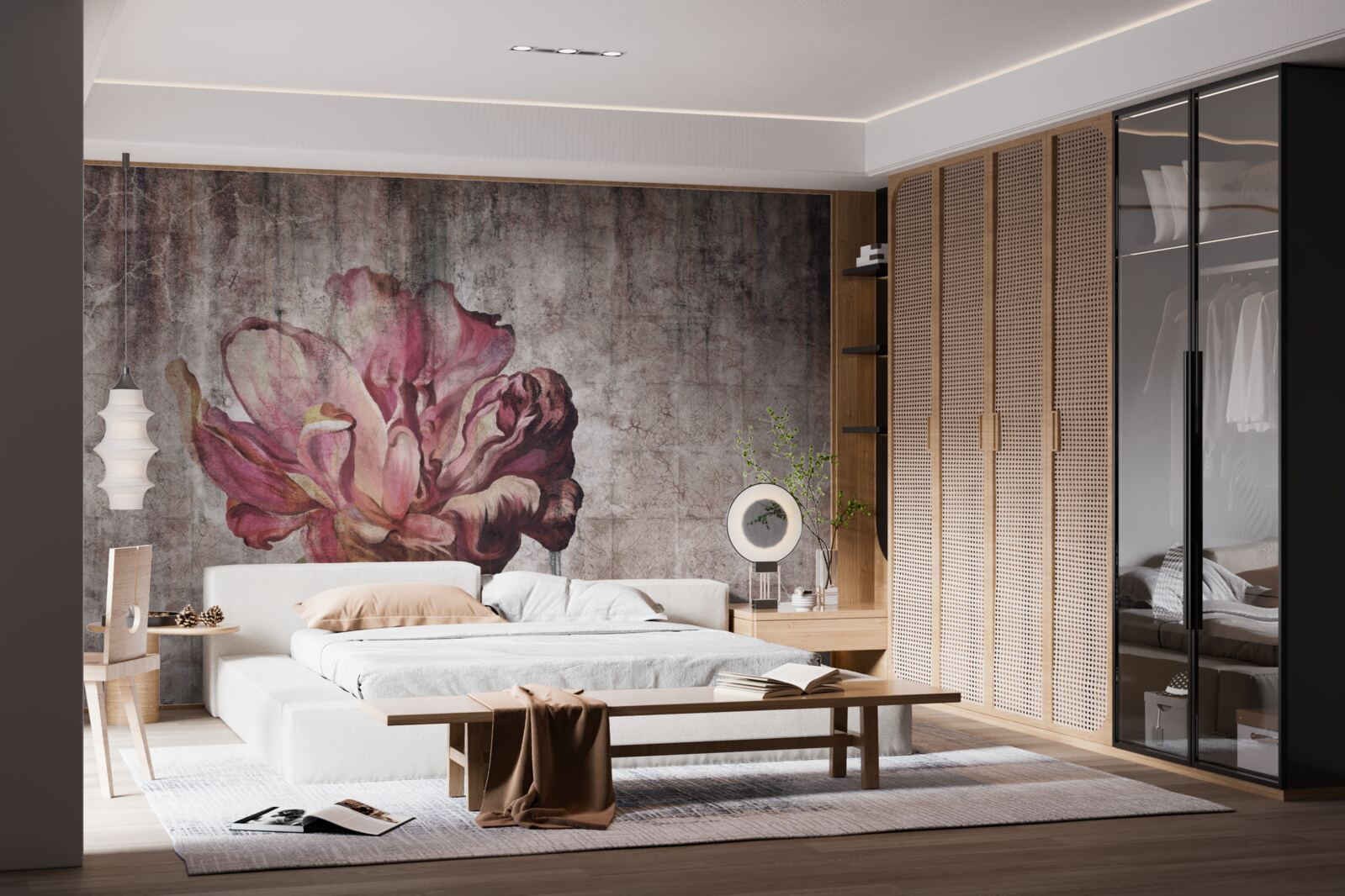 Papier peint une fleur écarlate solitaire sous une pluie battante