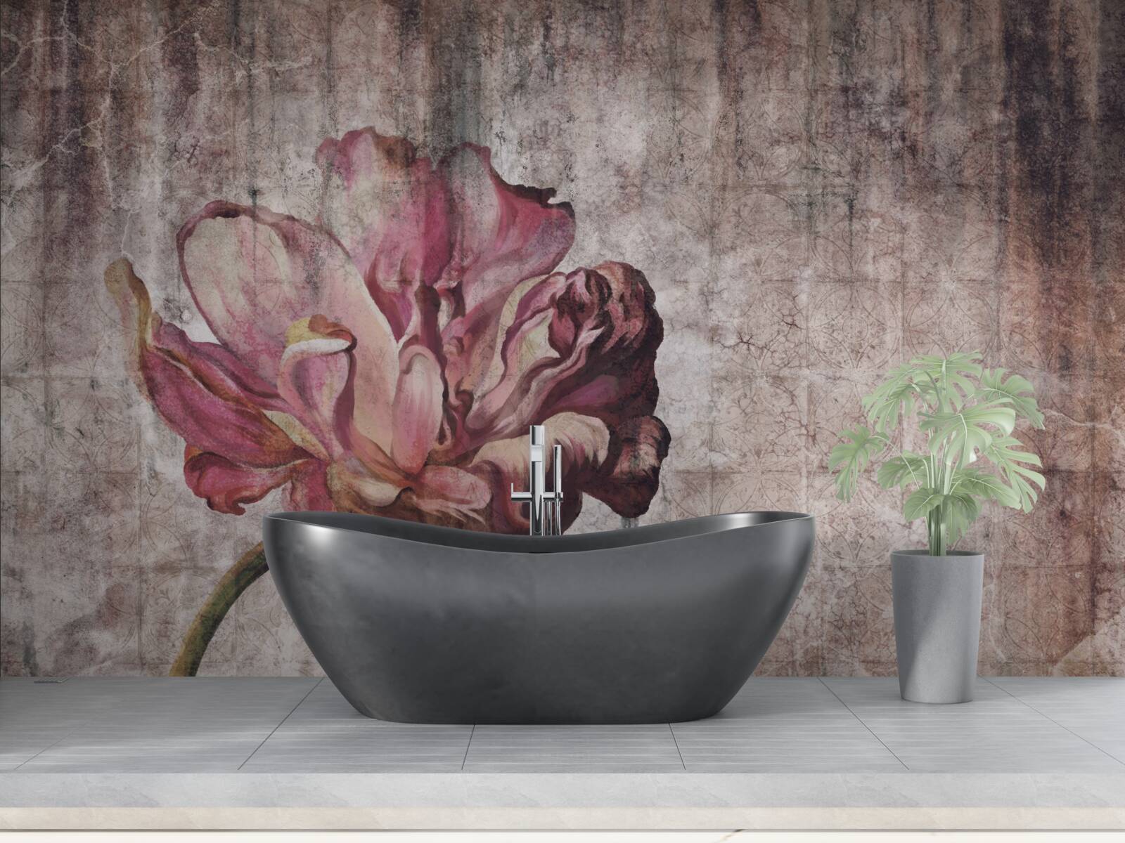 Papier peint une fleur écarlate solitaire sous une pluie battante