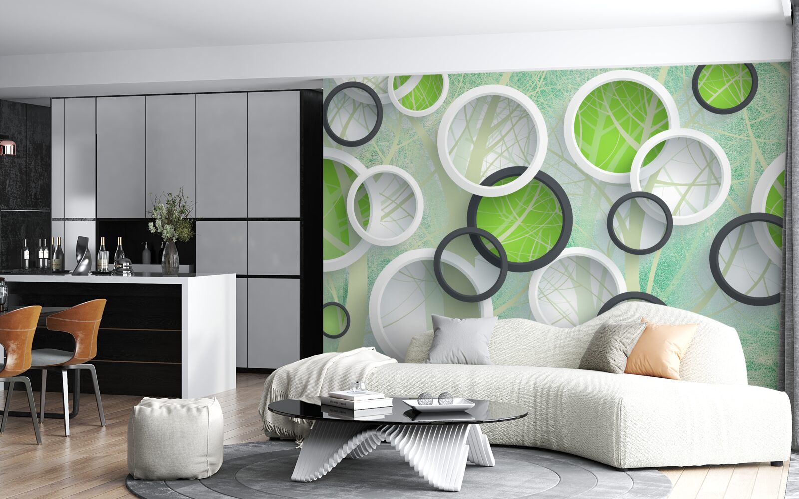 Papier peint cercles de couleur avec des images abstraites d'arbres