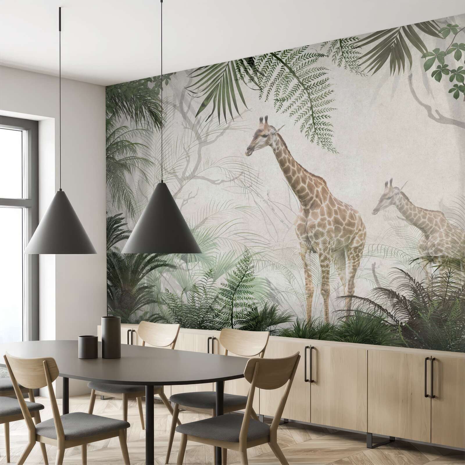 Papier peint une famille de girafes se promène le long d'un sentier forestier