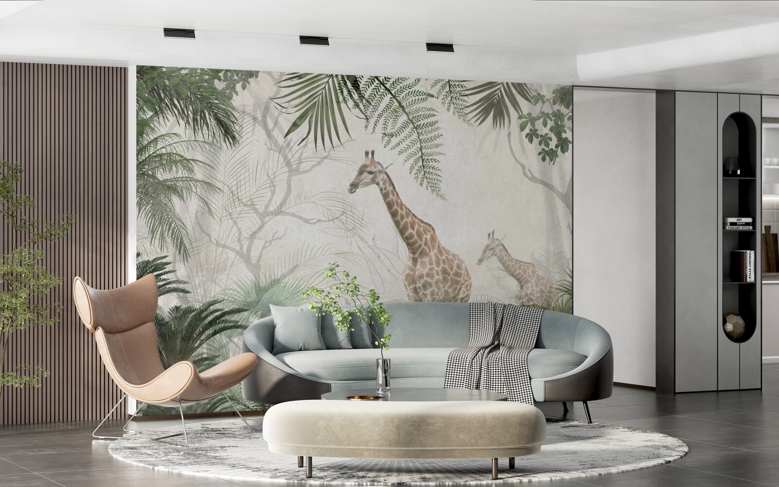 Papier peint une famille de girafes se promène le long d'un sentier forestier