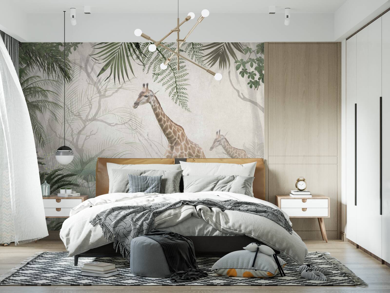 Papier peint une famille de girafes se promène le long d'un sentier forestier