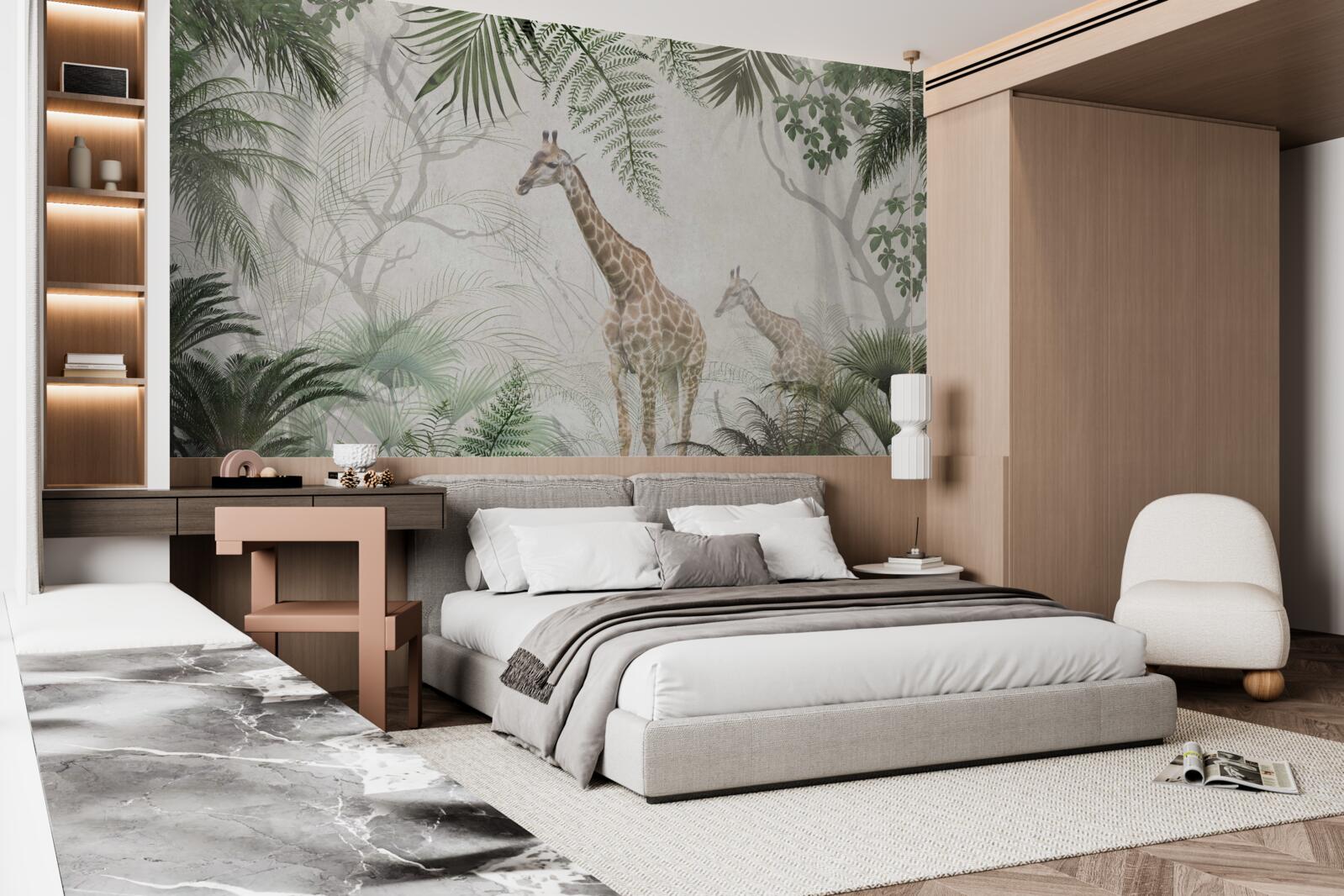 Papier peint une famille de girafes se promène le long d'un sentier forestier