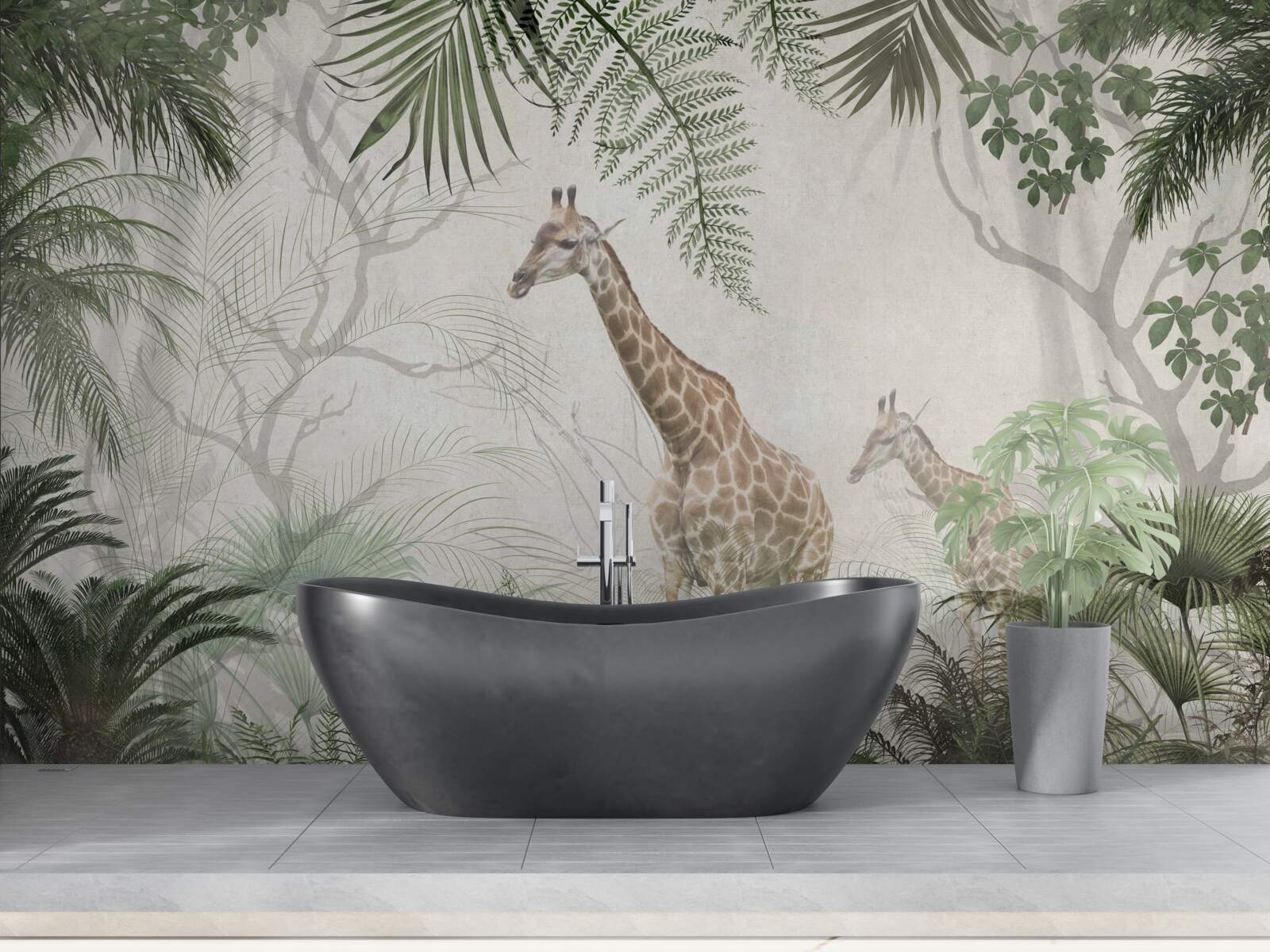 Papier peint une famille de girafes se promène le long d'un sentier forestier