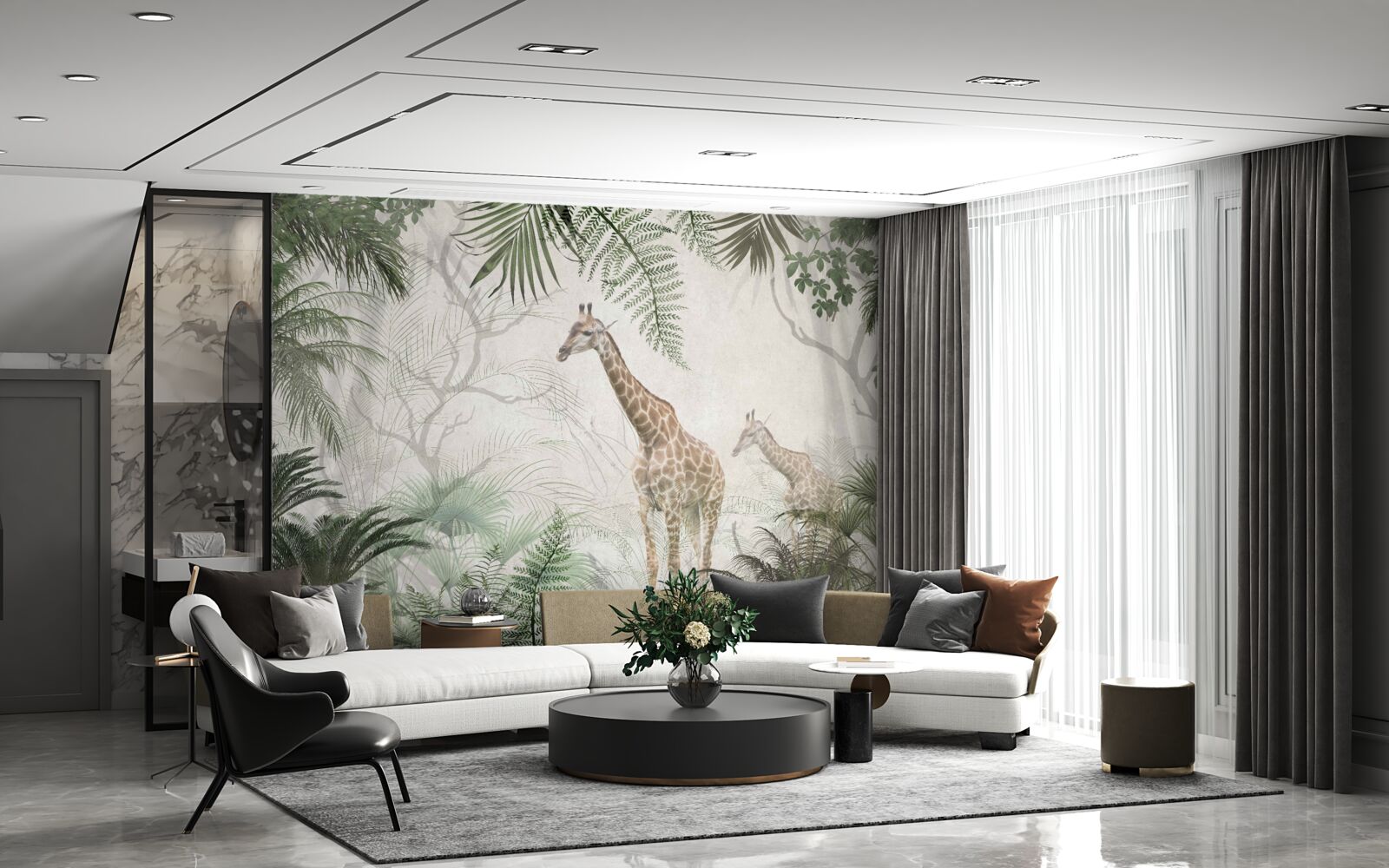 Papier peint une famille de girafes se promène le long d'un sentier forestier