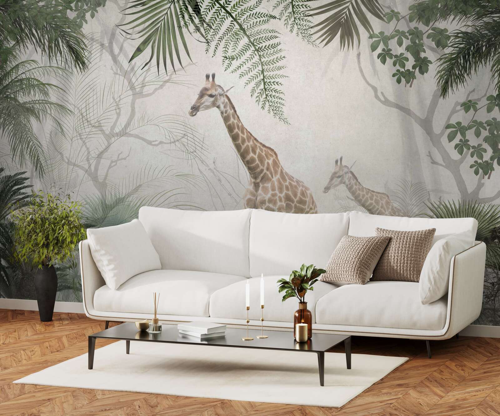 Papier peint une famille de girafes se promène le long d'un sentier forestier