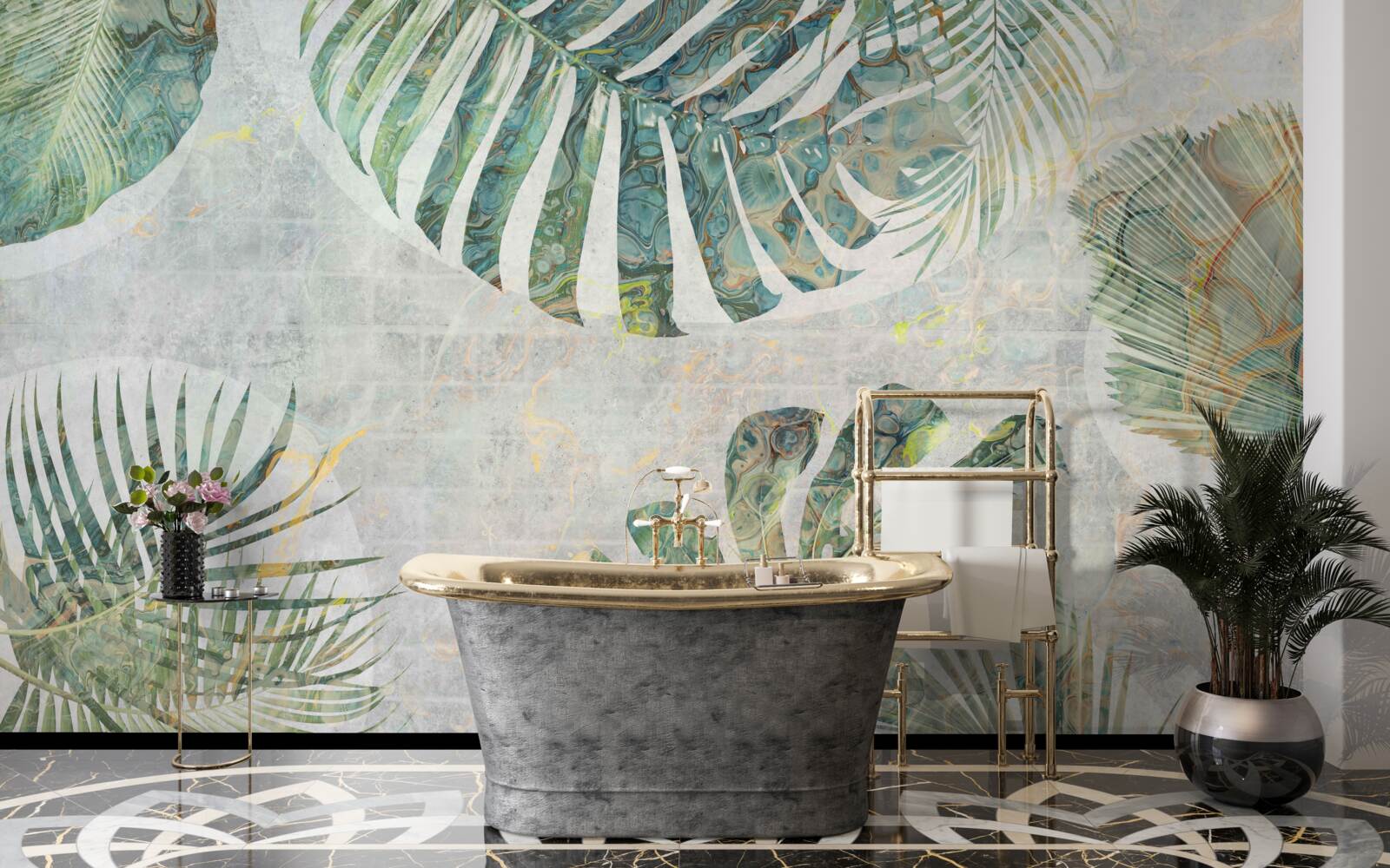 Papier peint grandes feuilles de palmier, de monstera et de fougère