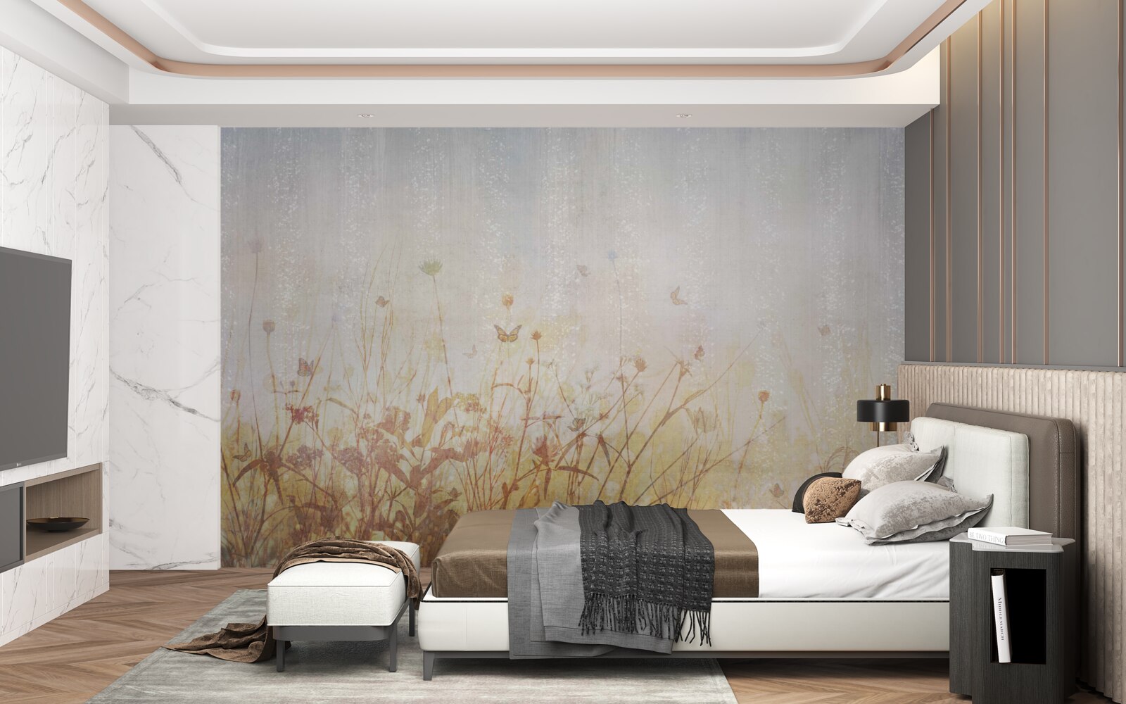 Papier peint champ d'automne parsemé de fleurs de prairie