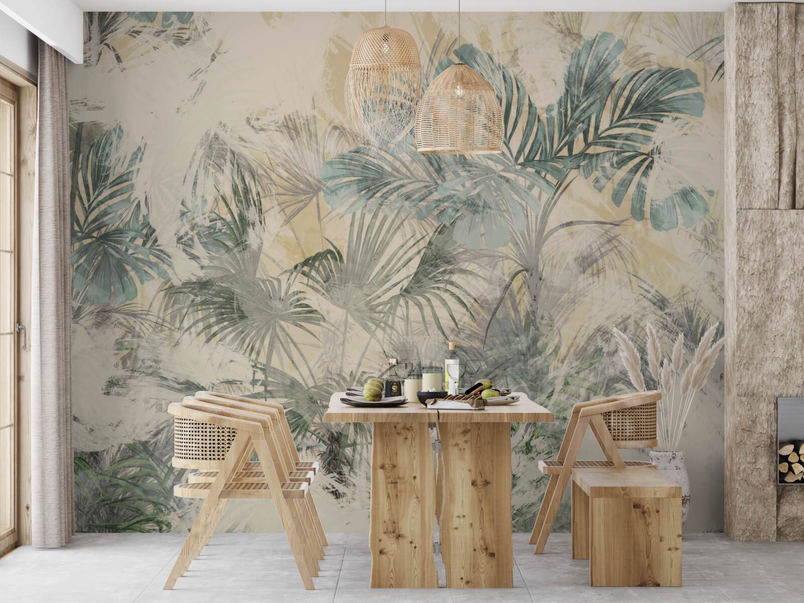 Papier peint feuilles de palmier et monstera en vert