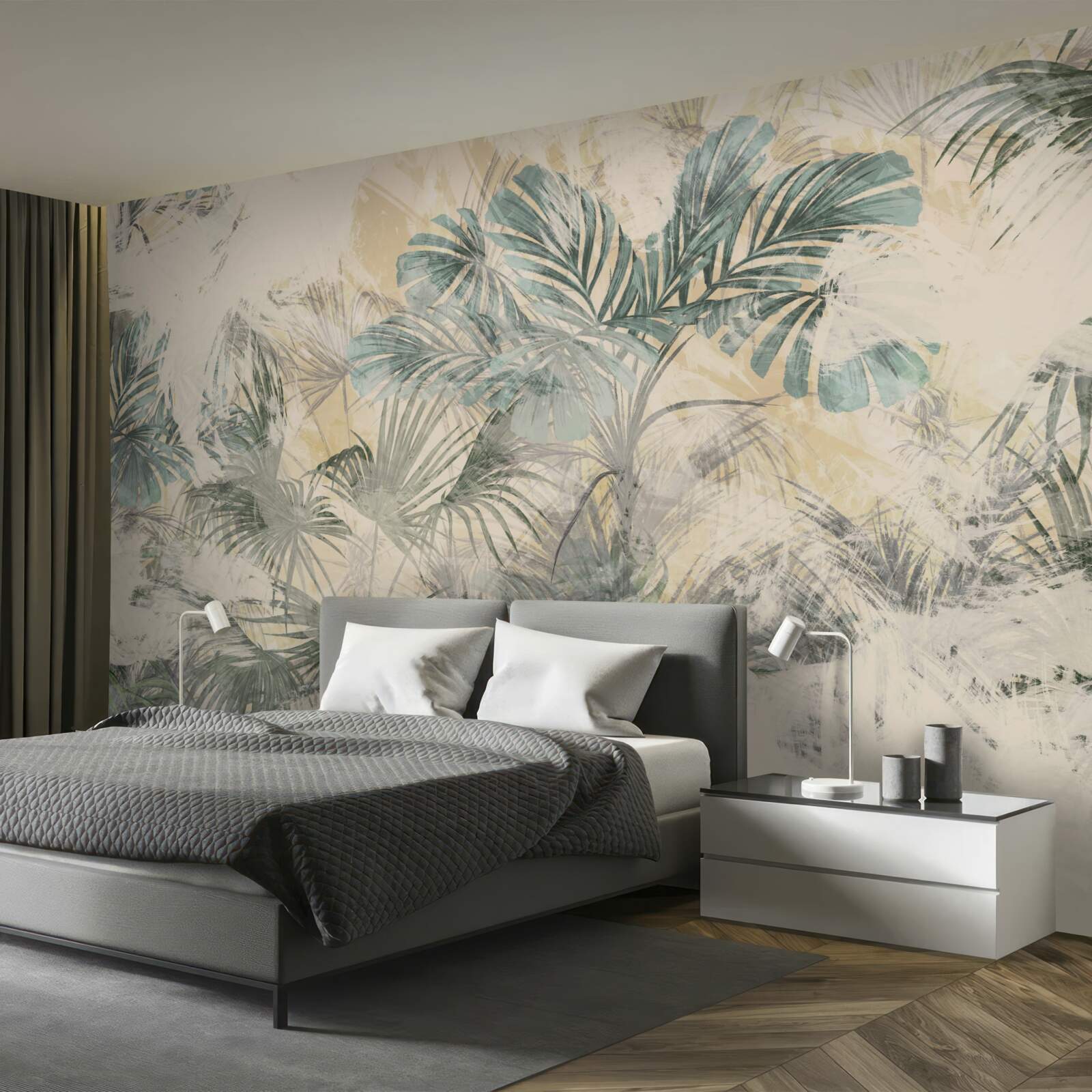 Papier peint feuilles de palmier et monstera en vert