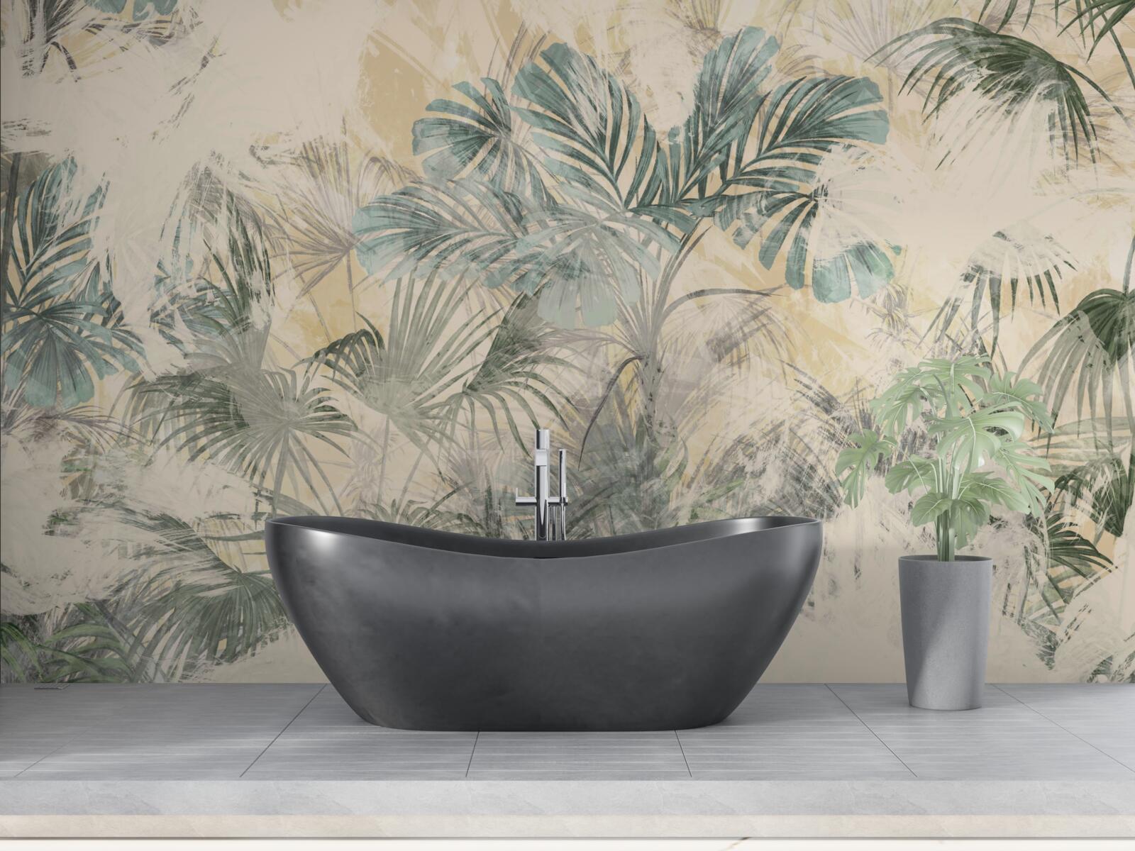 Papier peint feuilles de palmier et monstera en vert