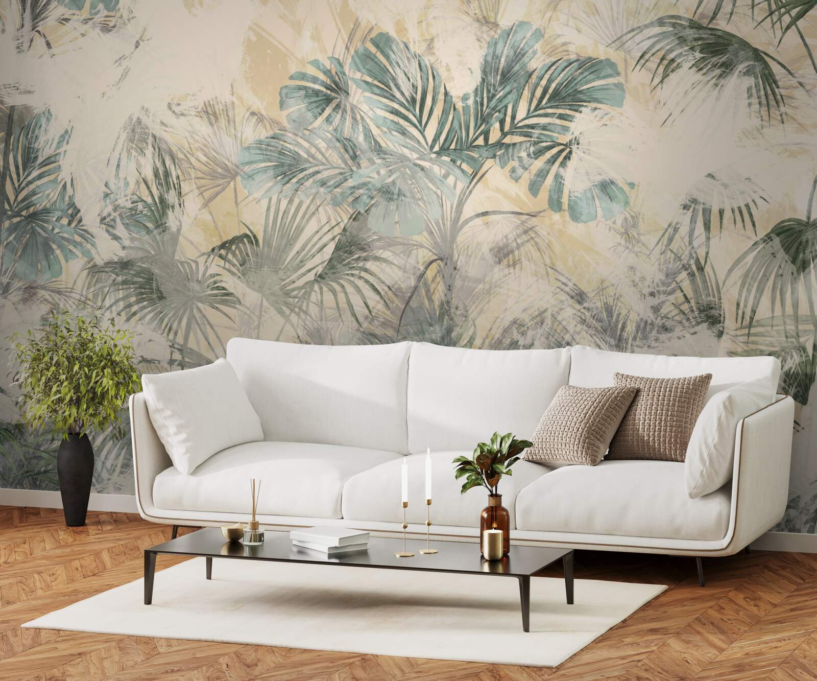 Papier peint feuilles de palmier et monstera en vert