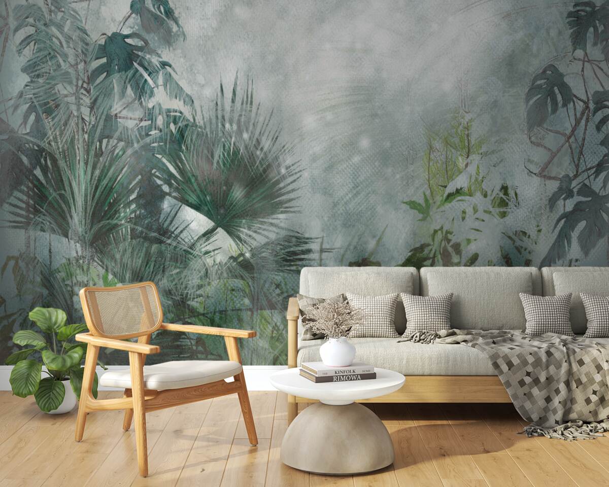 Papier peint matinée tropicale sur l'eau enveloppée de brume