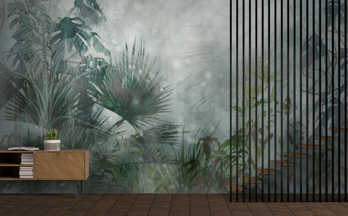 Papier peint matinée tropicale sur l'eau enveloppée de brume