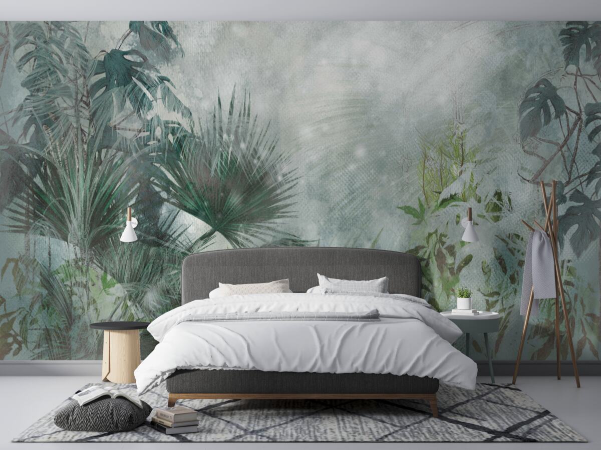 Papier peint matinée tropicale sur l'eau enveloppée de brume