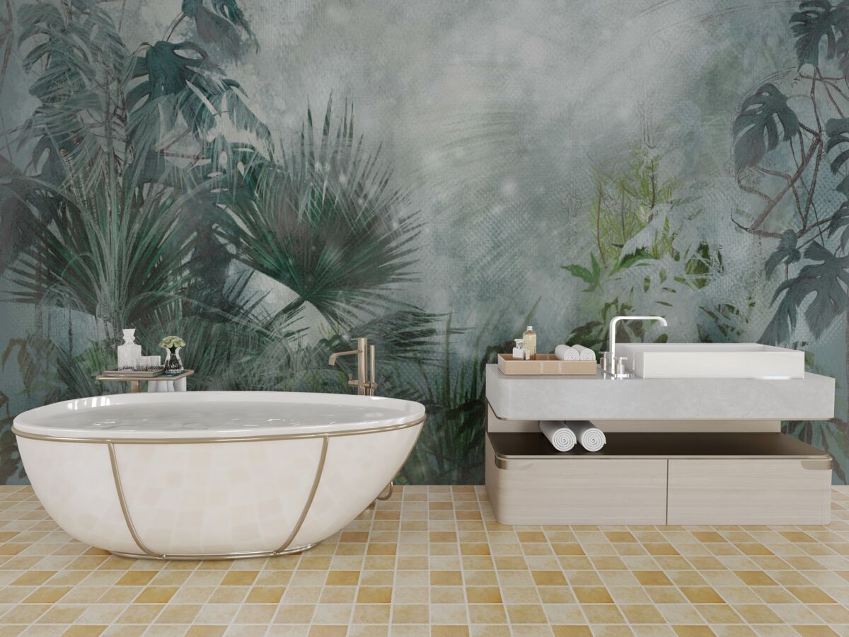 Papier peint matinée tropicale sur l'eau enveloppée de brume