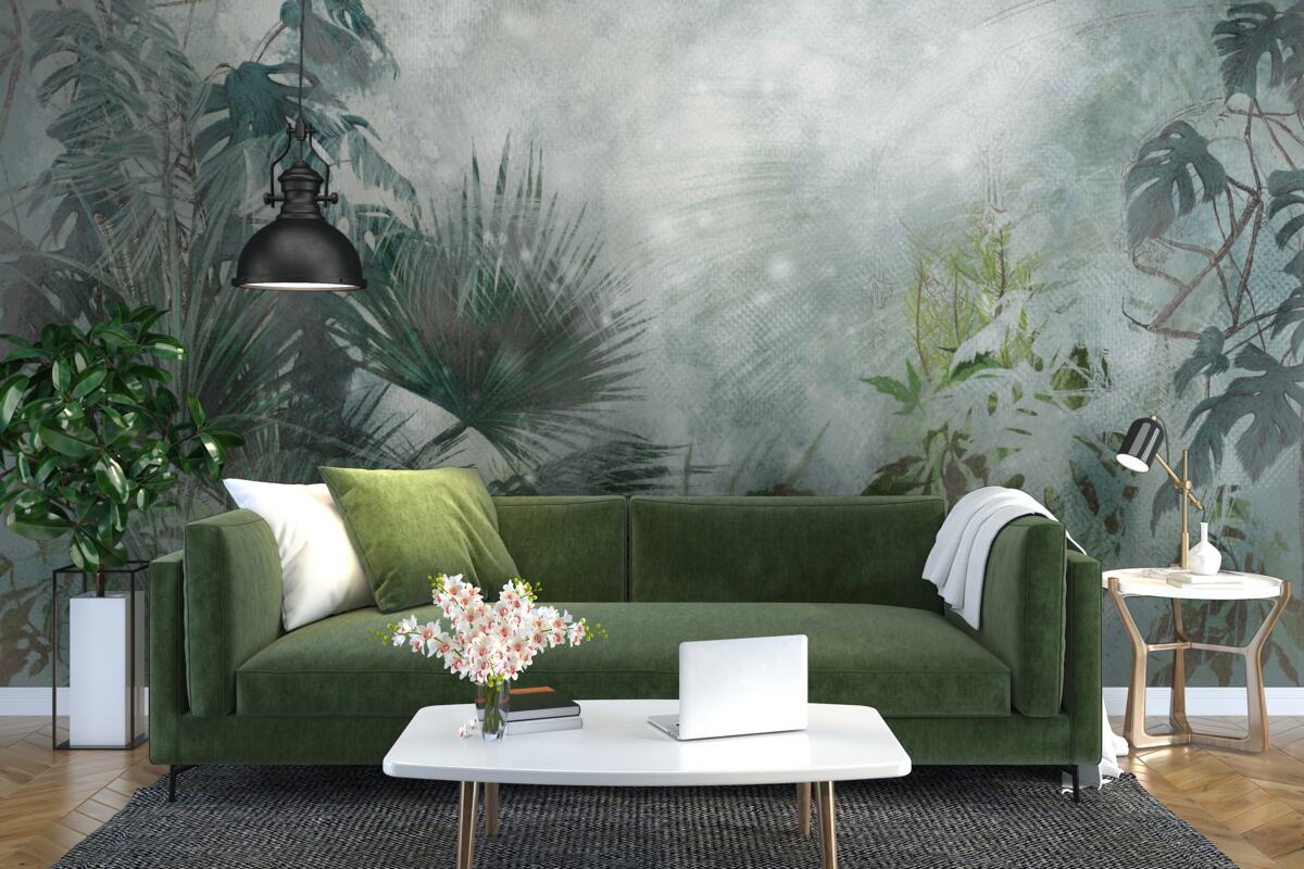 Papier peint matinée tropicale sur l'eau enveloppée de brume