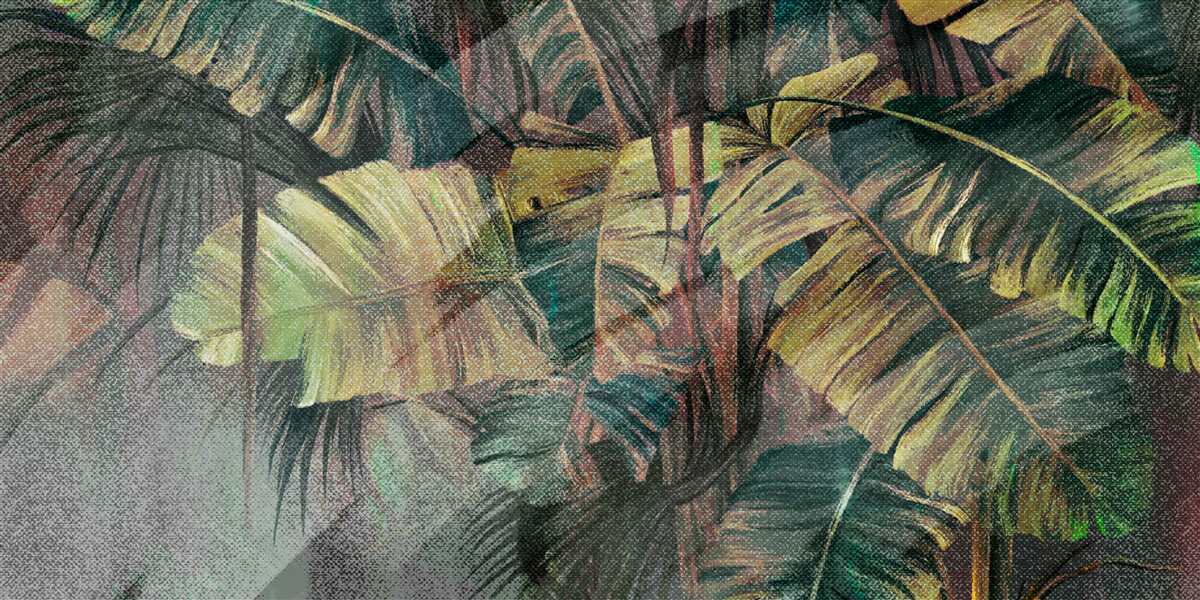 Papier peint les feuilles de palmier, épaisses et luxuriantes, sous la pluie battante