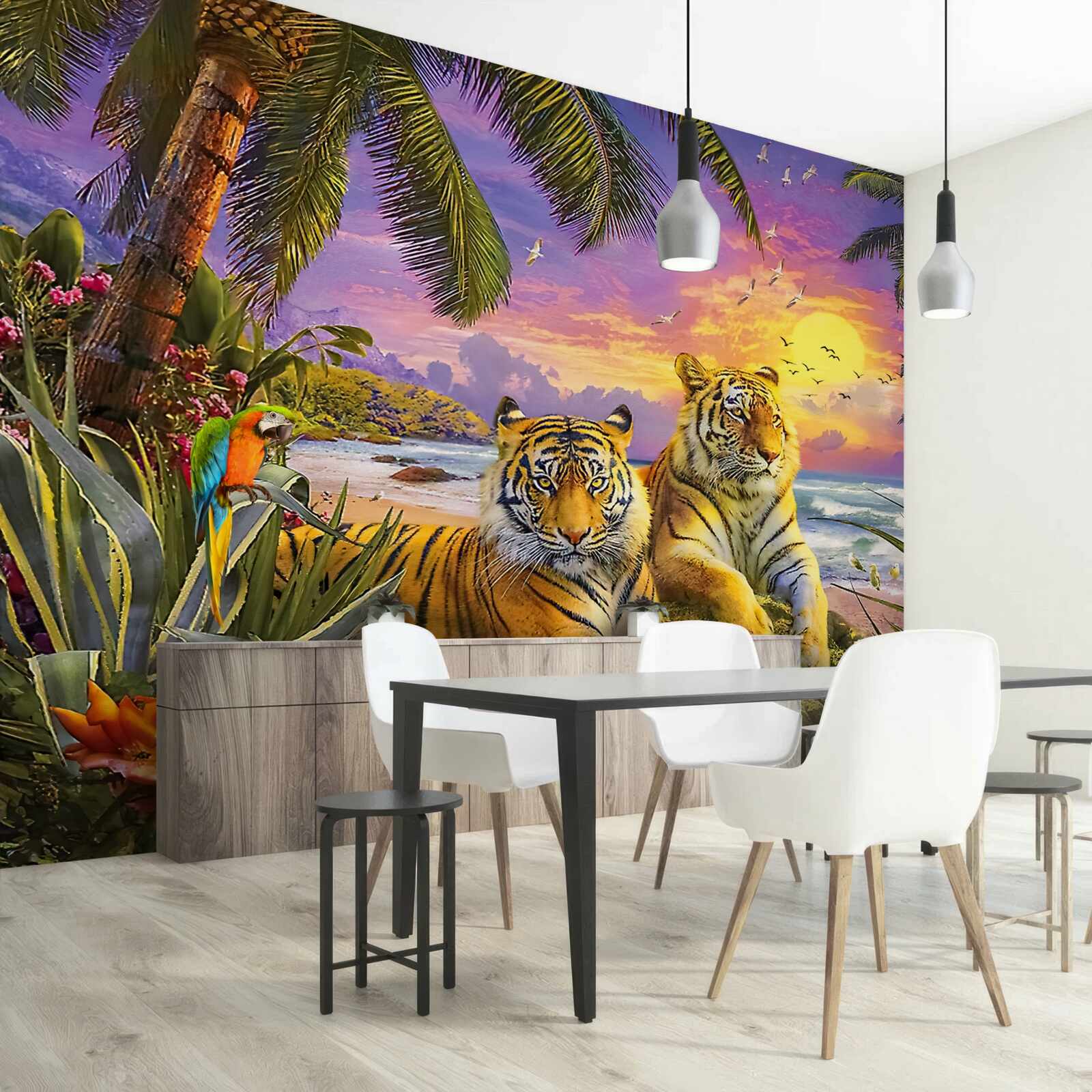 Papier peint deux tigres dans un ciel tropical au crépuscule