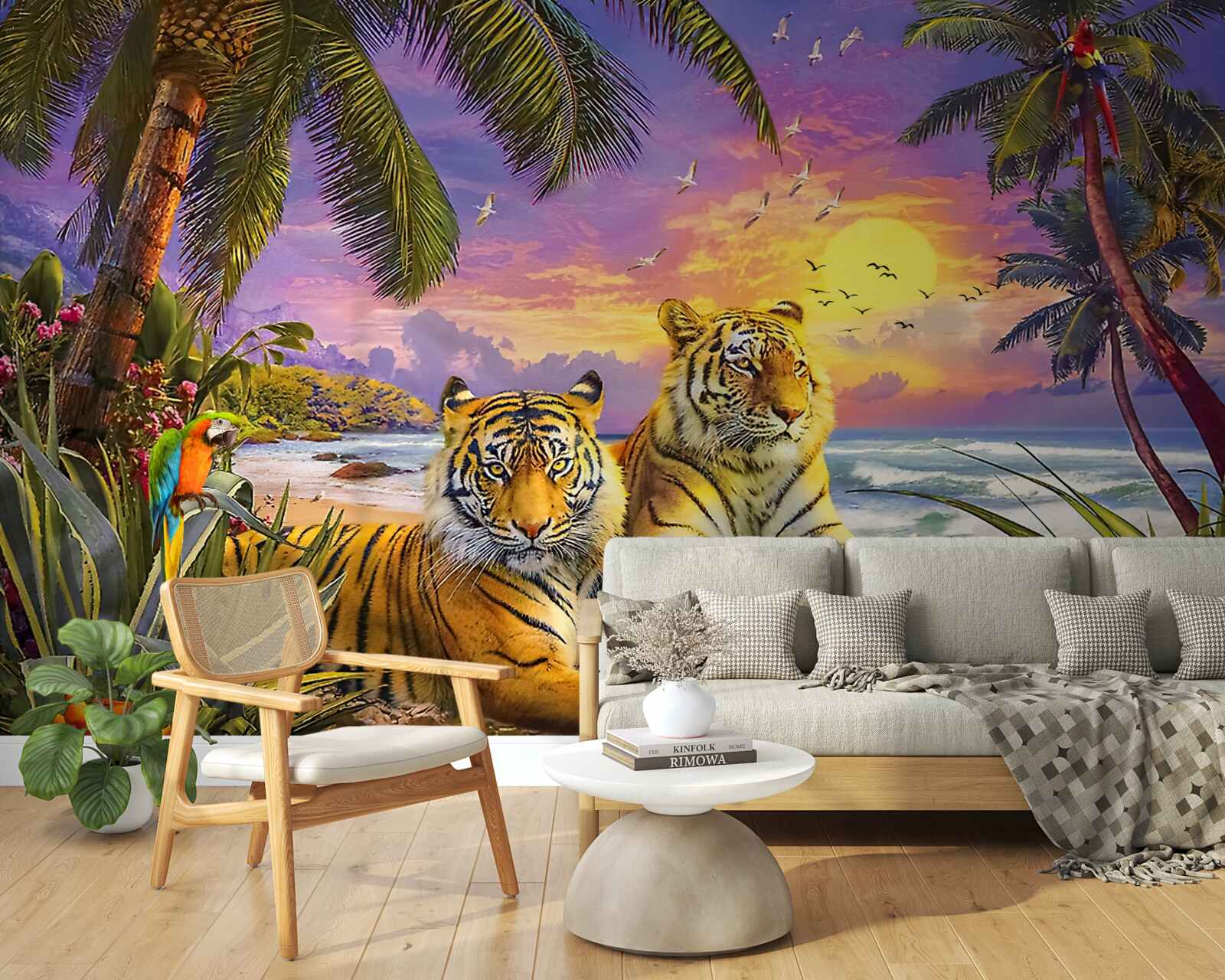 Papier peint deux tigres dans un ciel tropical au crépuscule