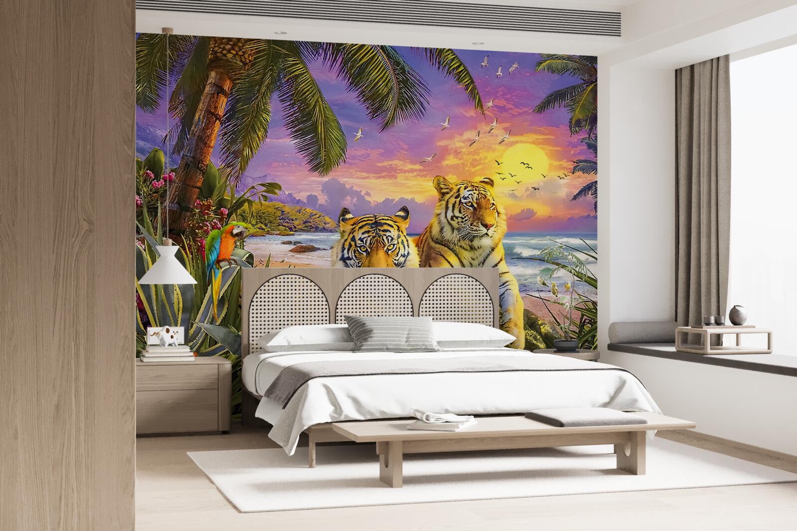 Papier peint deux tigres dans un ciel tropical au crépuscule