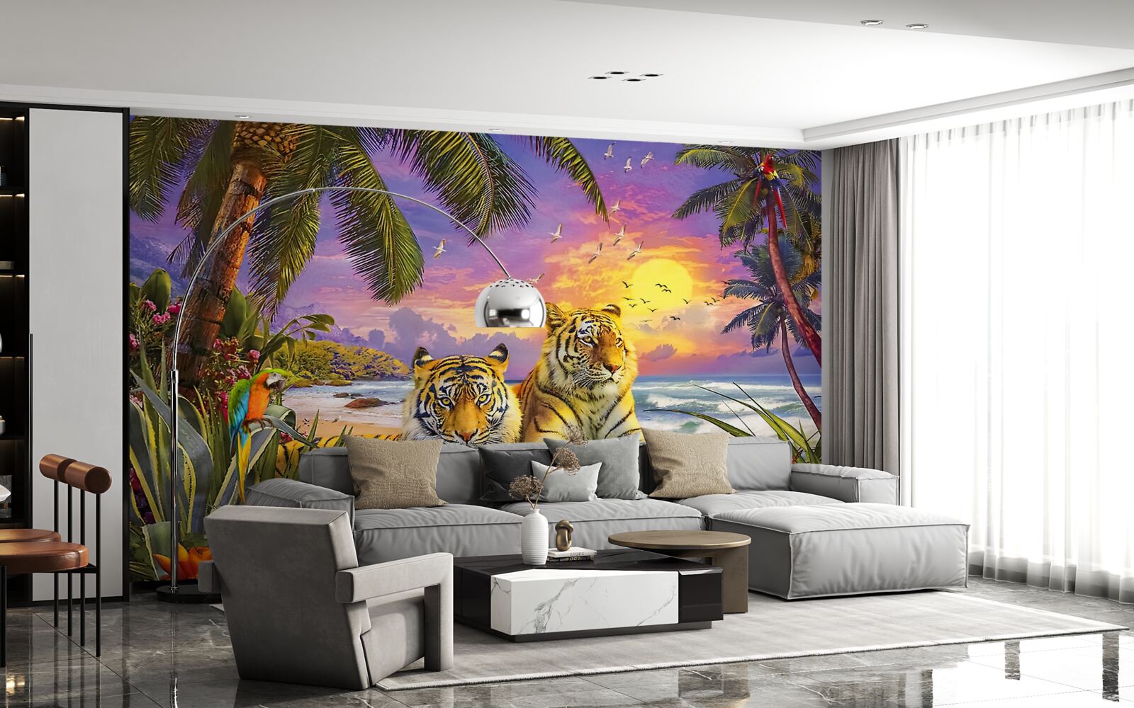 Papier peint deux tigres dans un ciel tropical au crépuscule