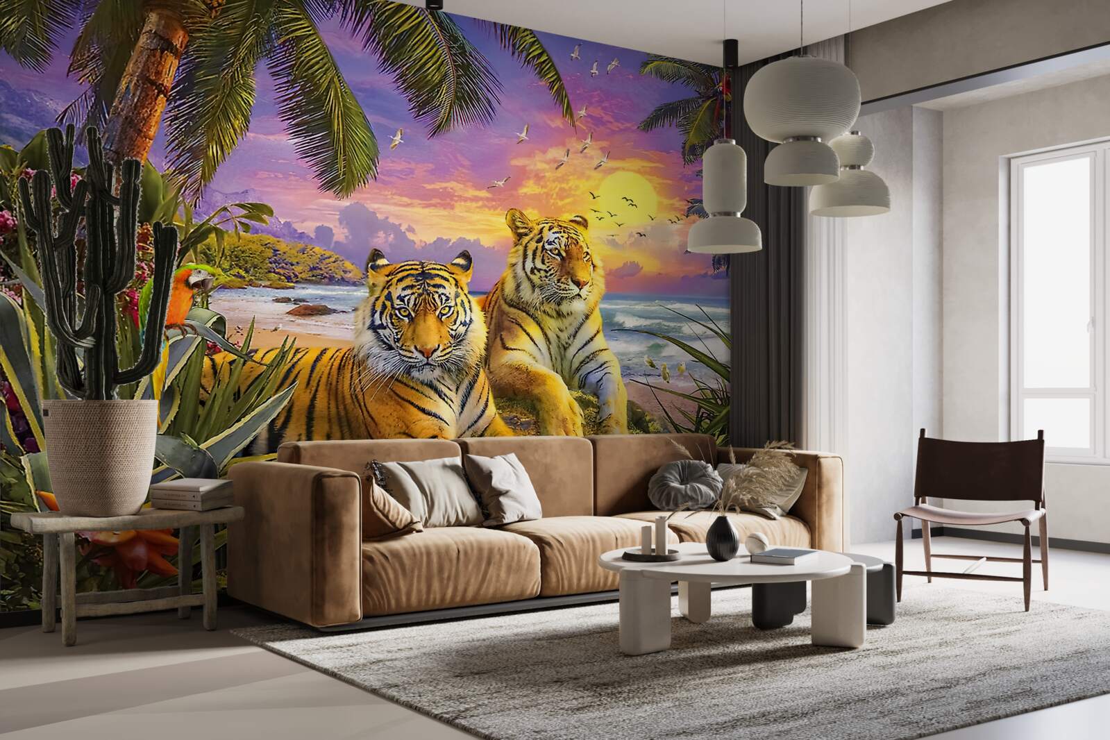 Papier peint deux tigres dans un ciel tropical au crépuscule