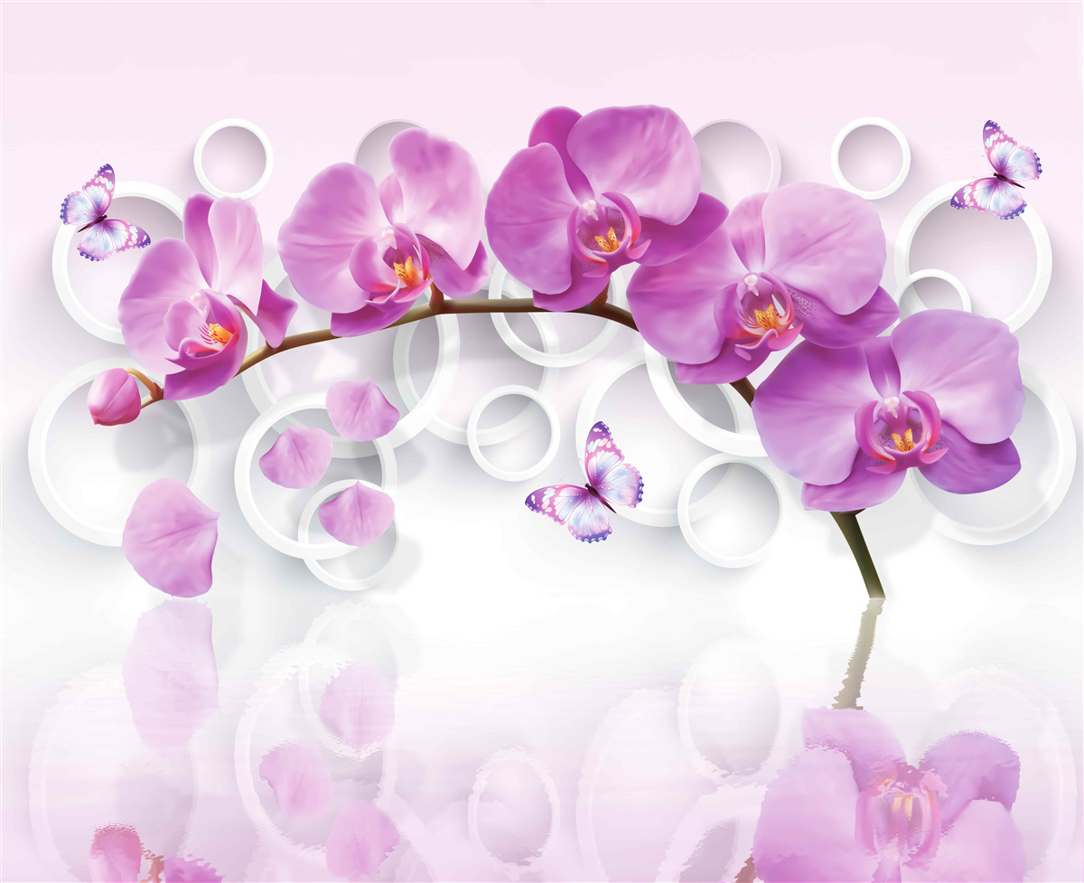 Papier peint tronc d'une grande orchidée décorée de fleurs