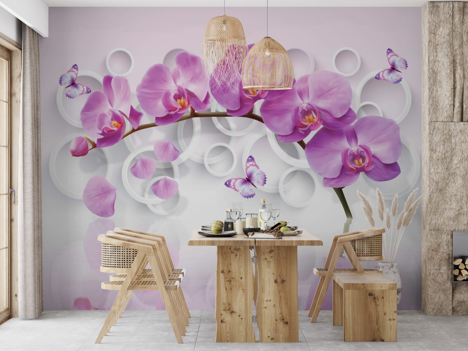 Papier peint tronc d'une grande orchidée décorée de fleurs