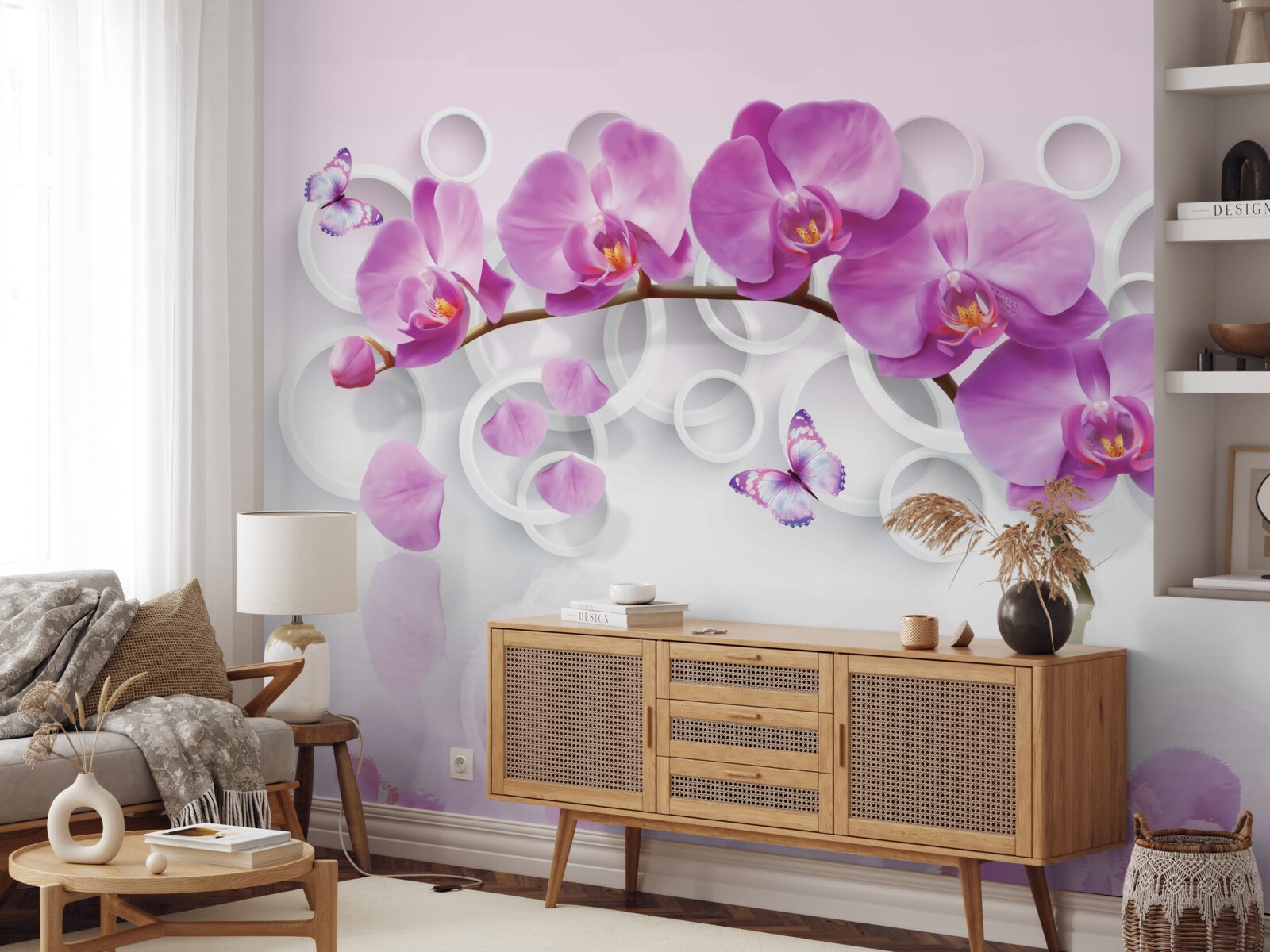 Papier peint tronc d'une grande orchidée décorée de fleurs