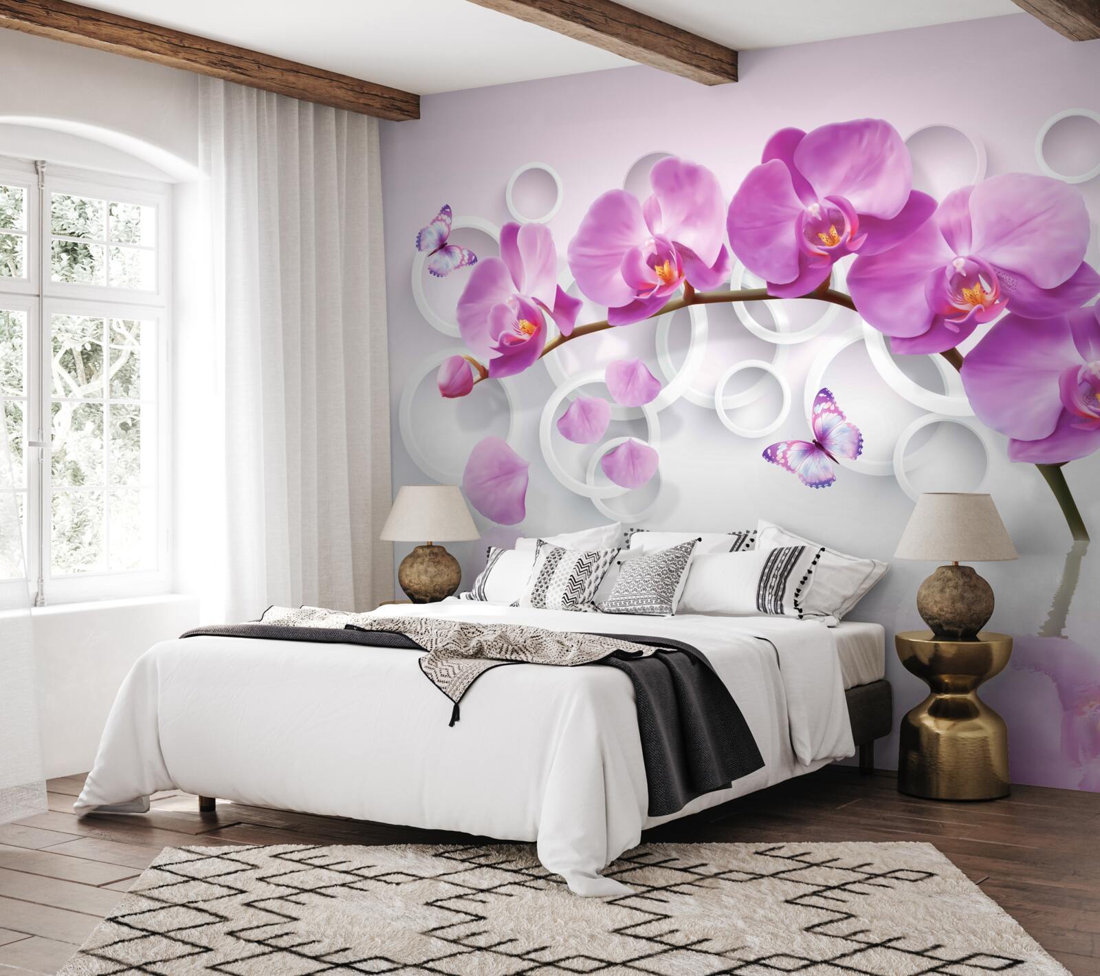 Papier peint tronc d'une grande orchidée décorée de fleurs