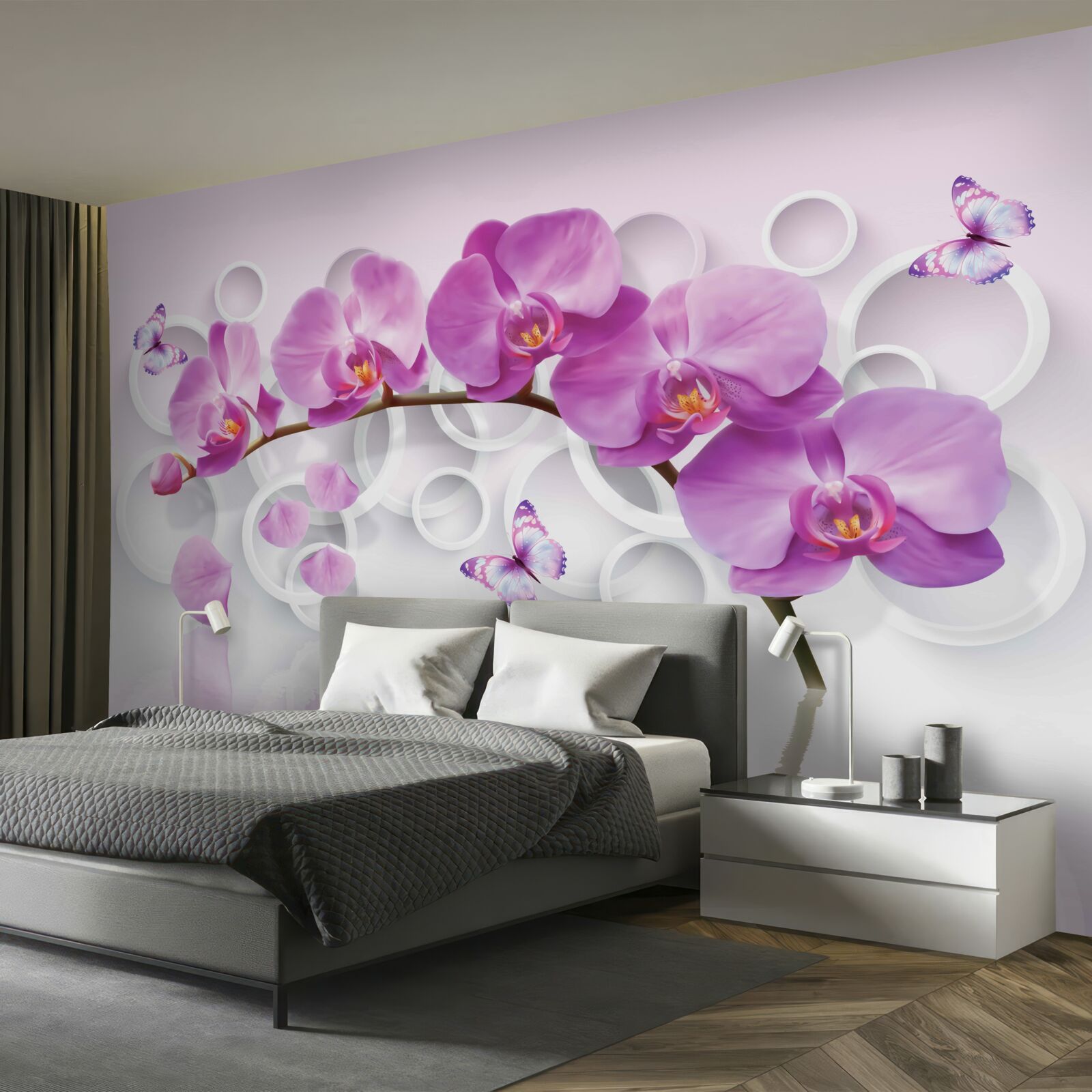 Papier peint tronc d'une grande orchidée décorée de fleurs