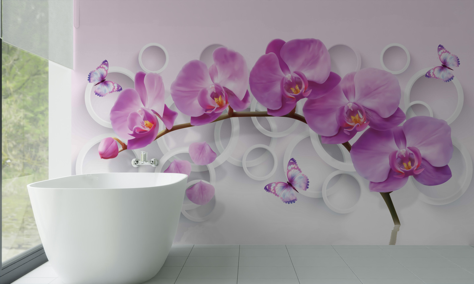 Papier peint tronc d'une grande orchidée décorée de fleurs