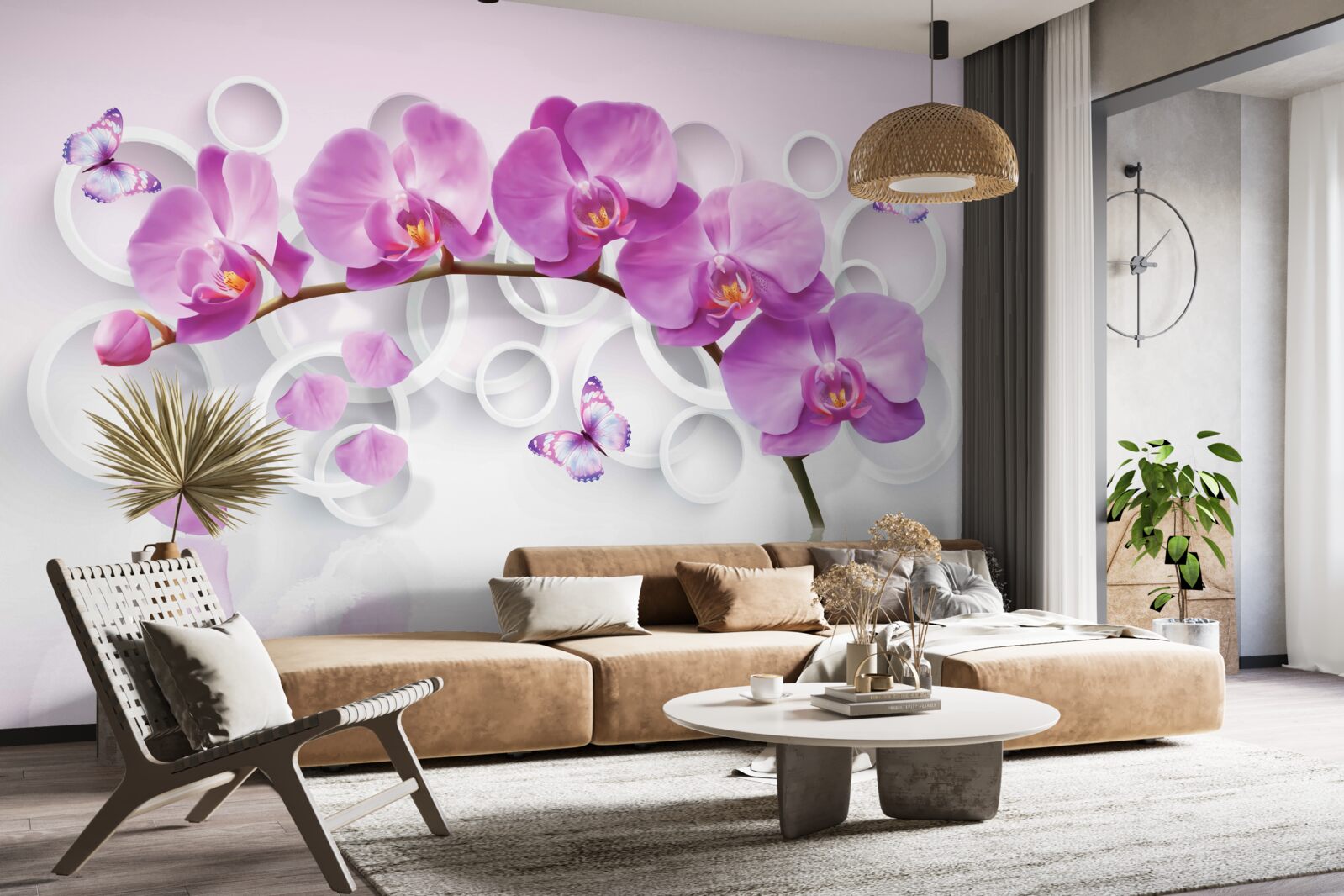 Papier peint tronc d'une grande orchidée décorée de fleurs