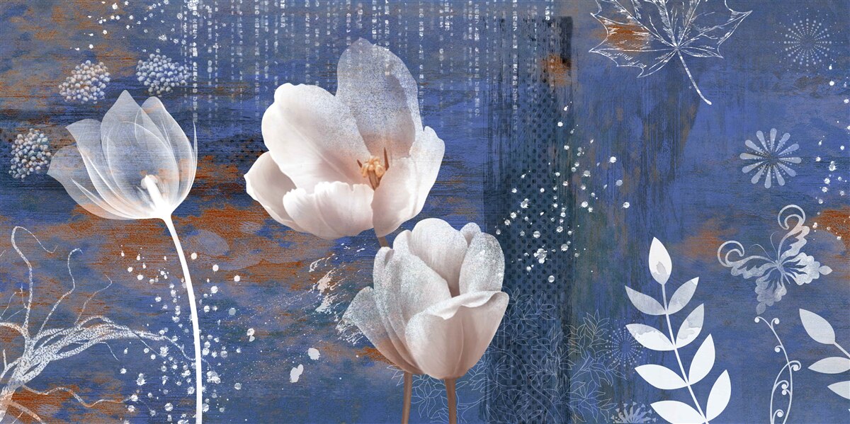 Papier peint tulipes ajourées à boutons blancs