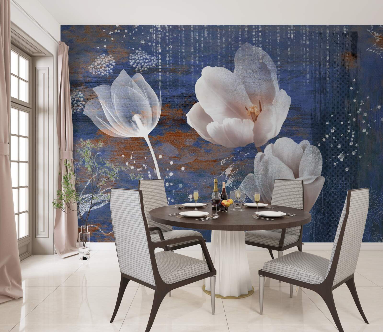 Papier peint tulipes ajourées à boutons blancs