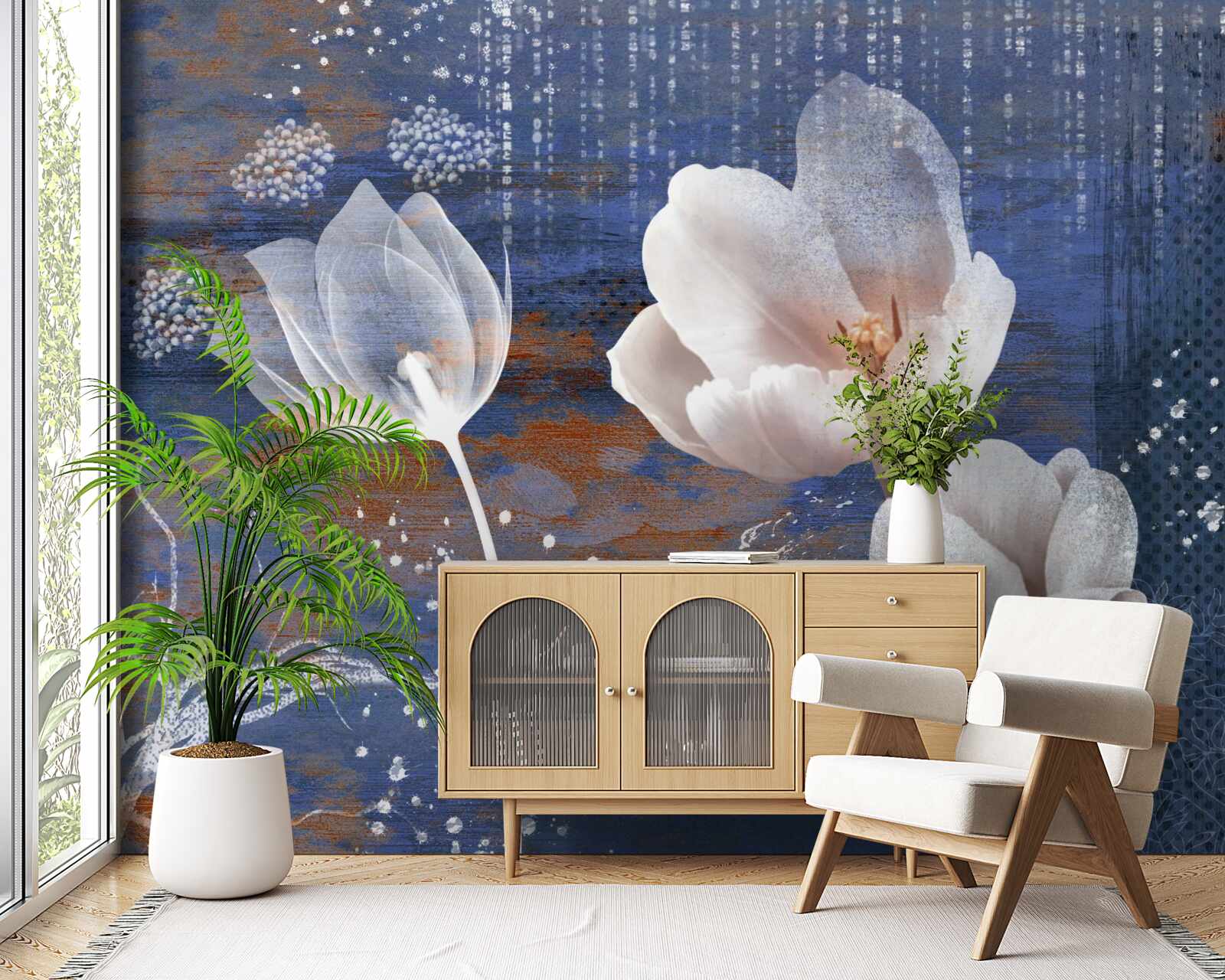 Papier peint tulipes ajourées à boutons blancs