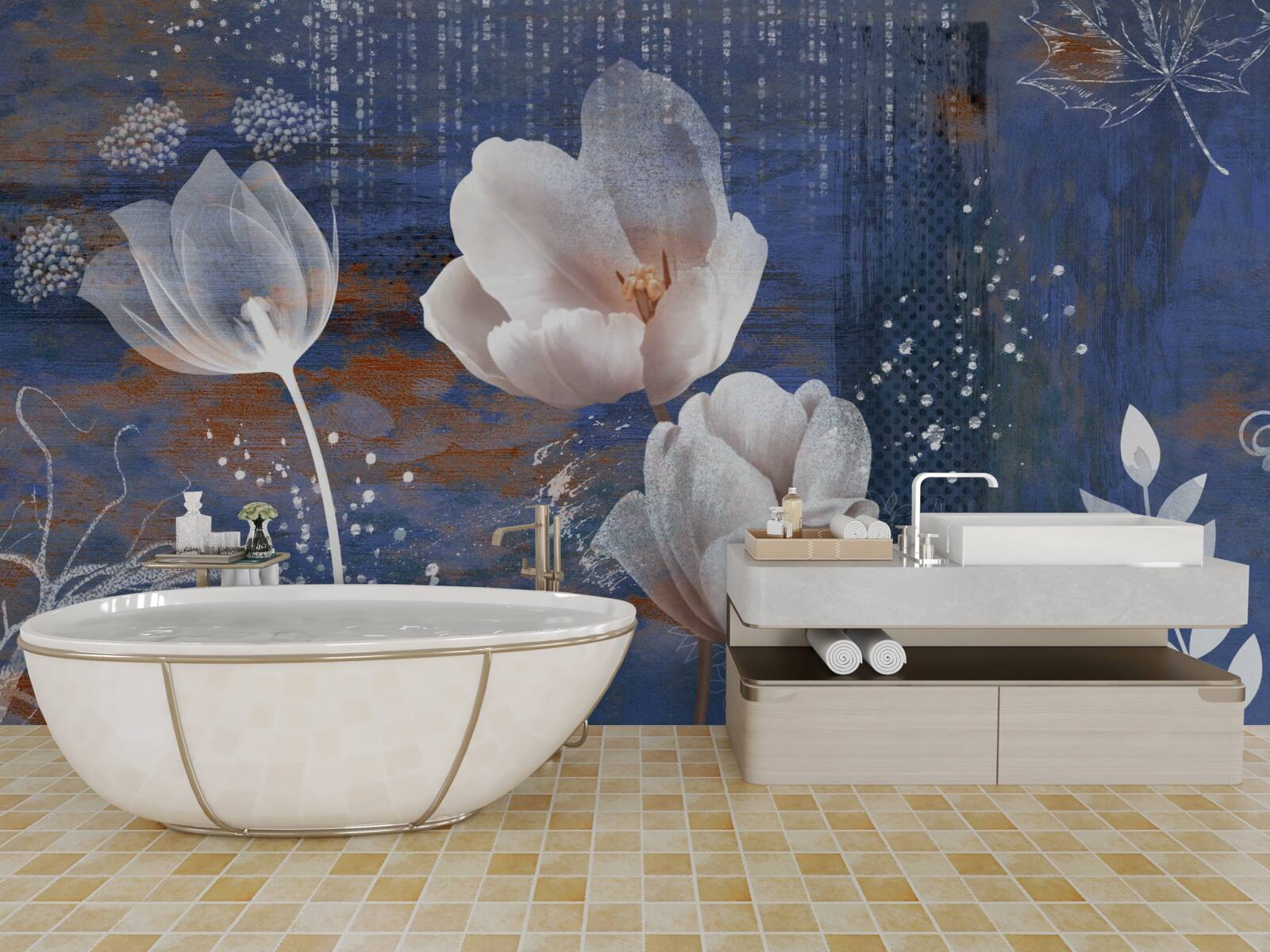 Papier peint tulipes ajourées à boutons blancs