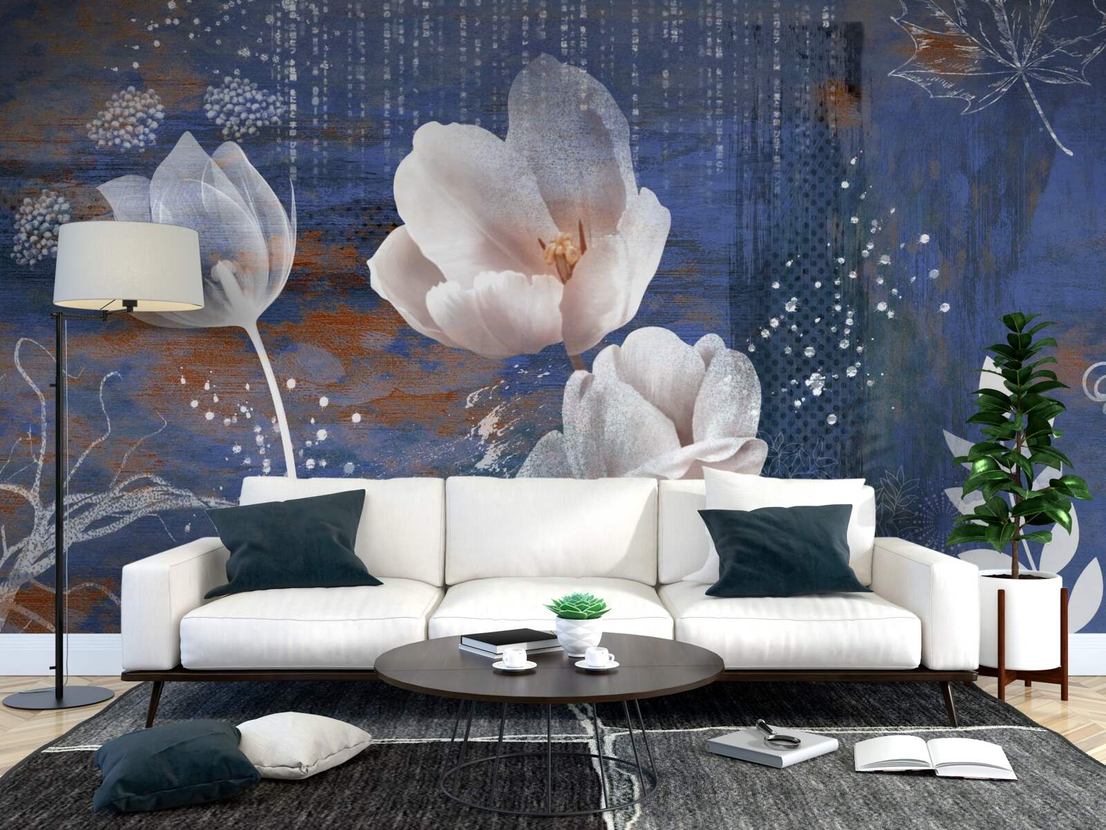 Papier peint tulipes ajourées à boutons blancs