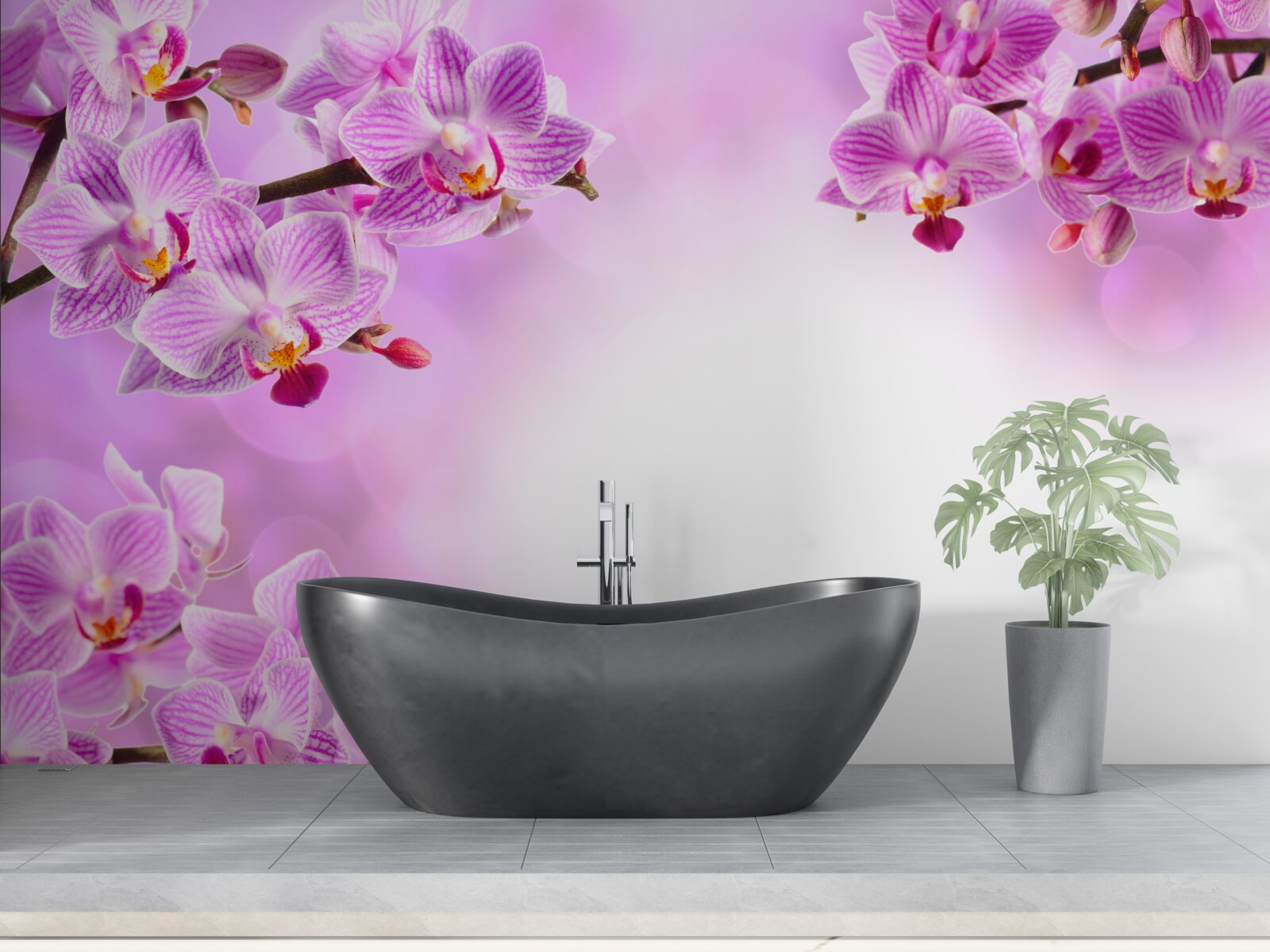 Papier peint branches d'orchidées lilas couvertes de fleurs