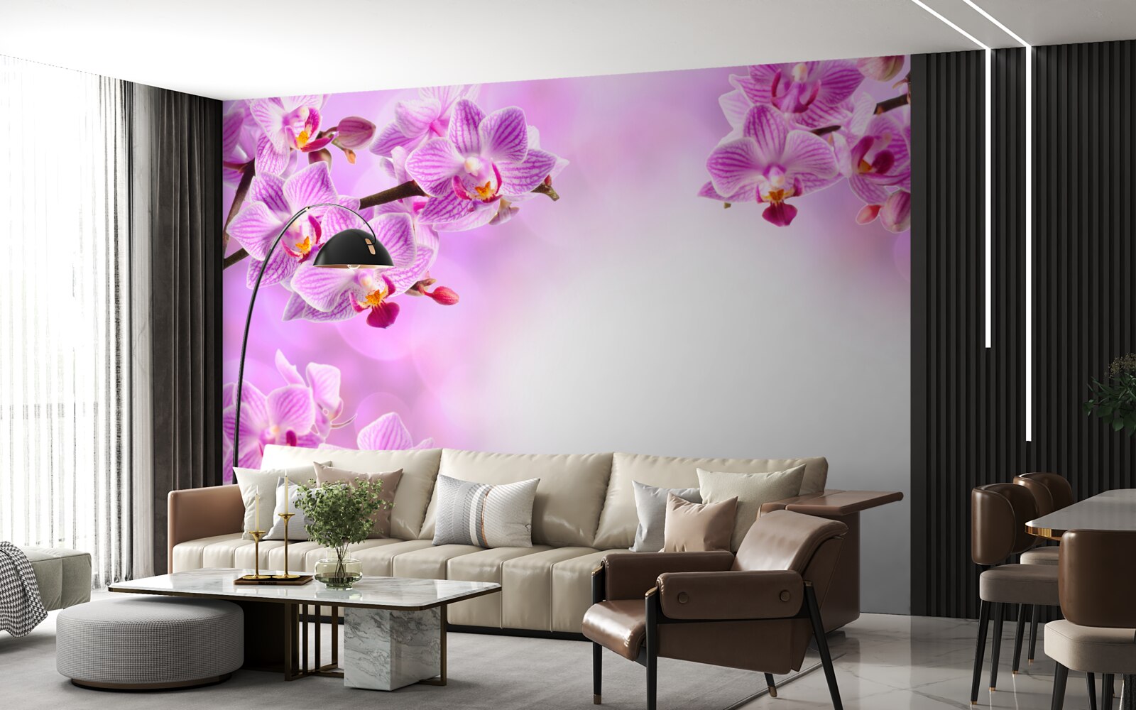 Papier peint branches d'orchidées lilas couvertes de fleurs