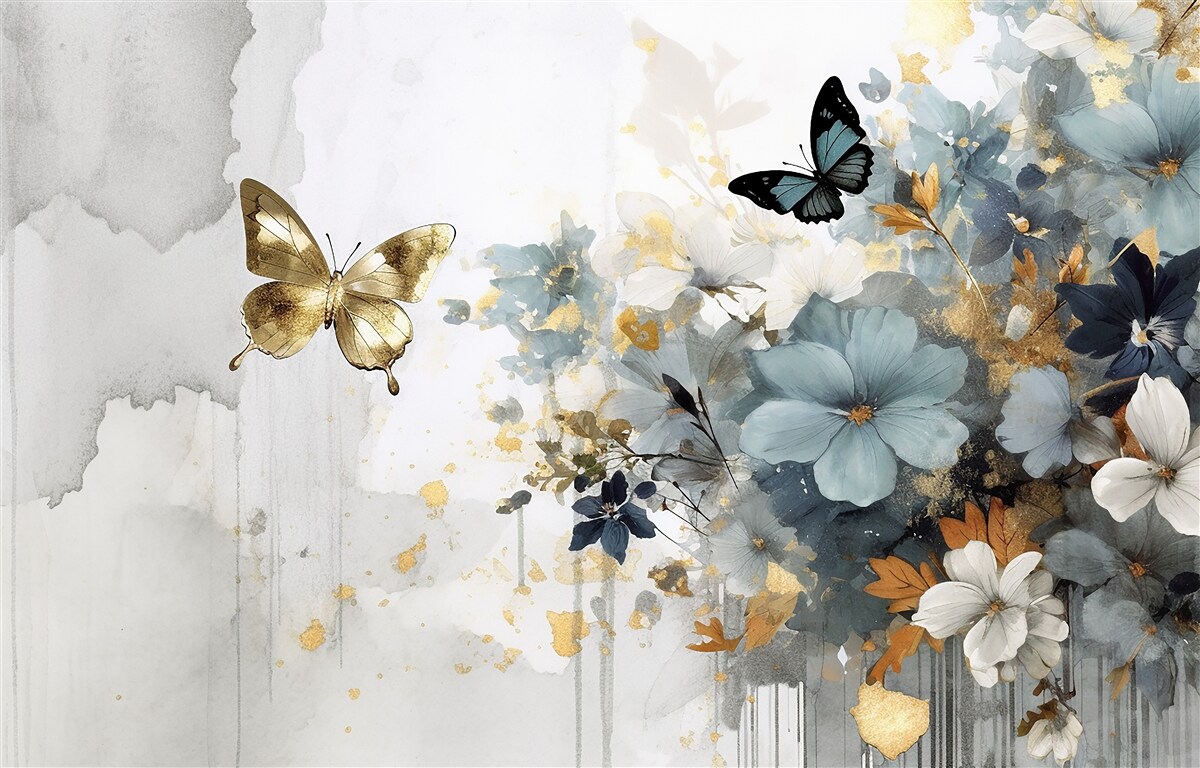 Papier peint des bourgeons luxueusement développés et des papillons irisés