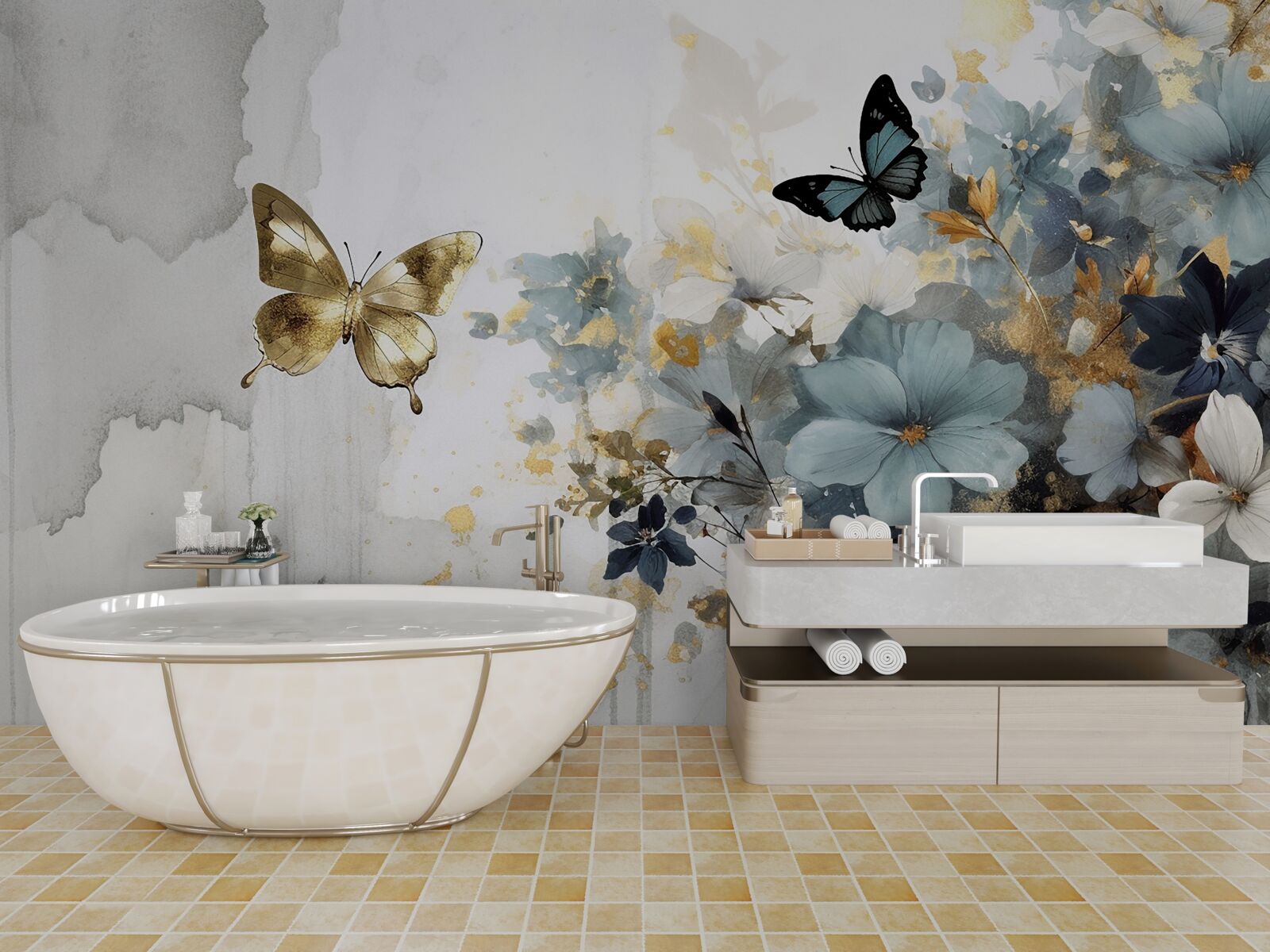 Papier peint des bourgeons luxueusement développés et des papillons irisés