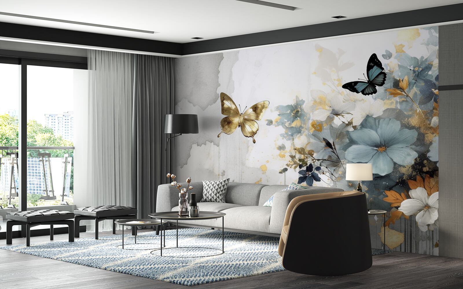 Papier peint des bourgeons luxueusement développés et des papillons irisés