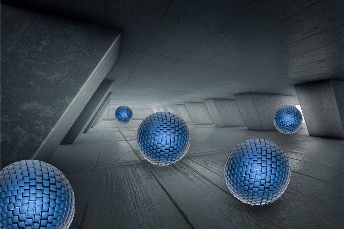 Papier peint passage gris sans fin et boules bleues