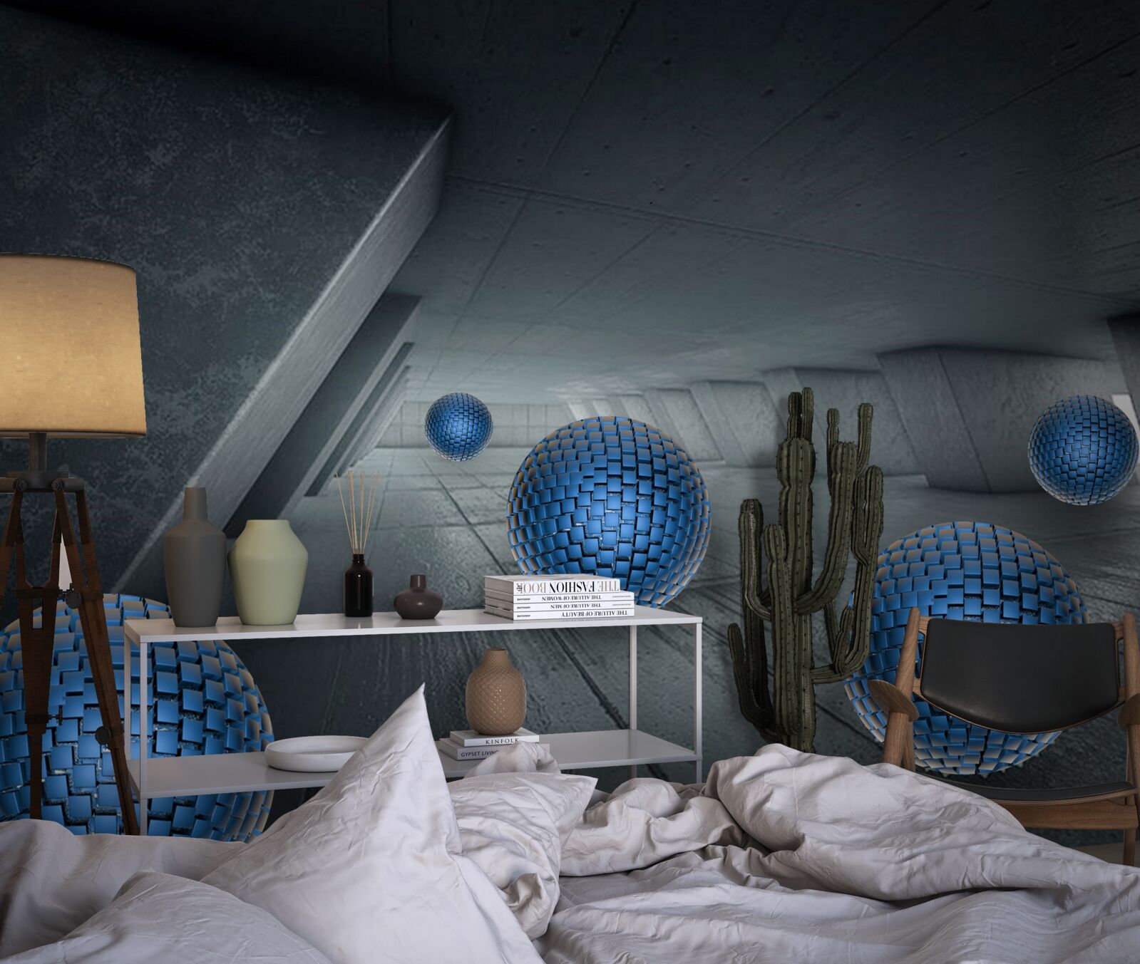 Papier peint passage gris sans fin et boules bleues