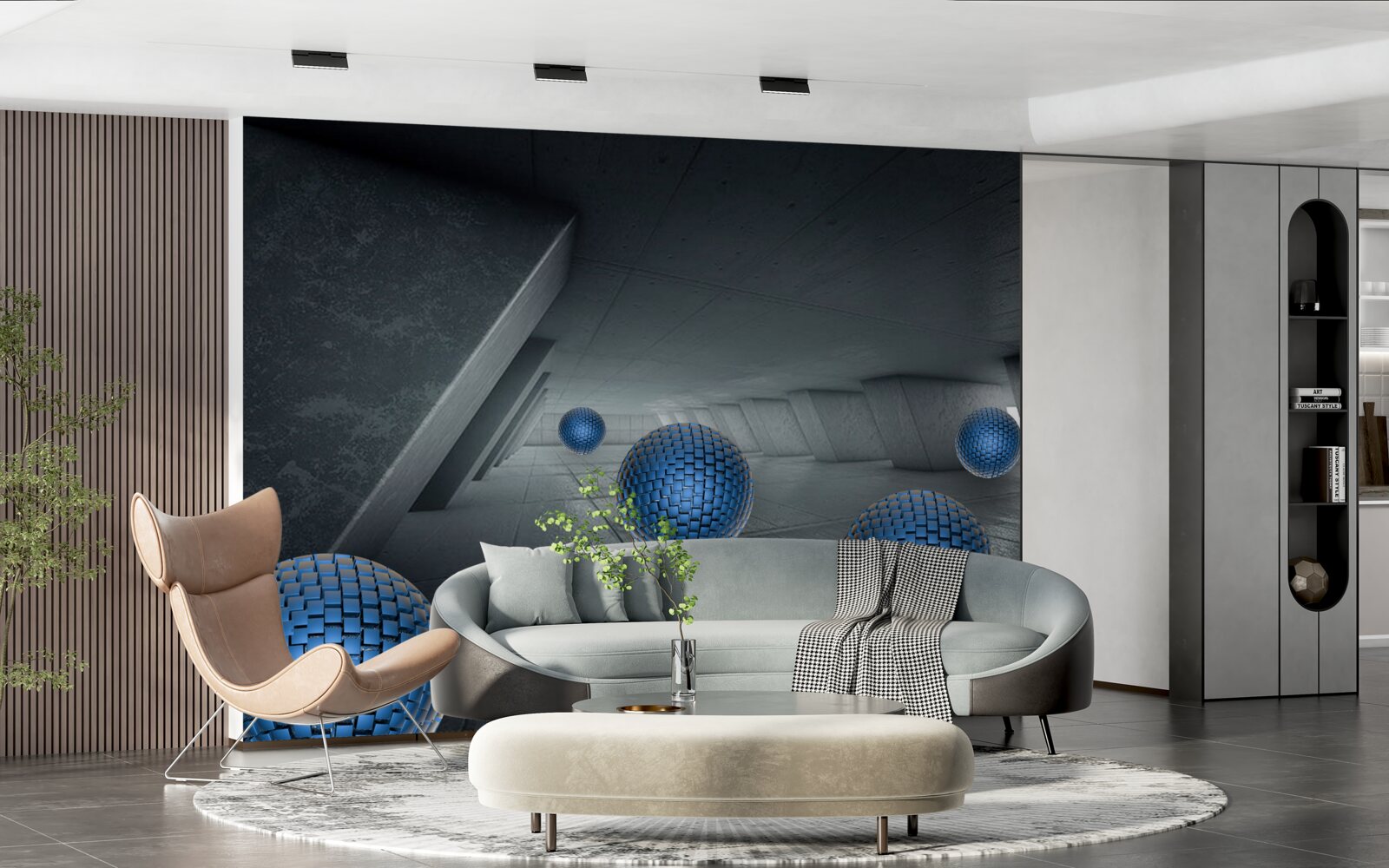 Papier peint passage gris sans fin et boules bleues