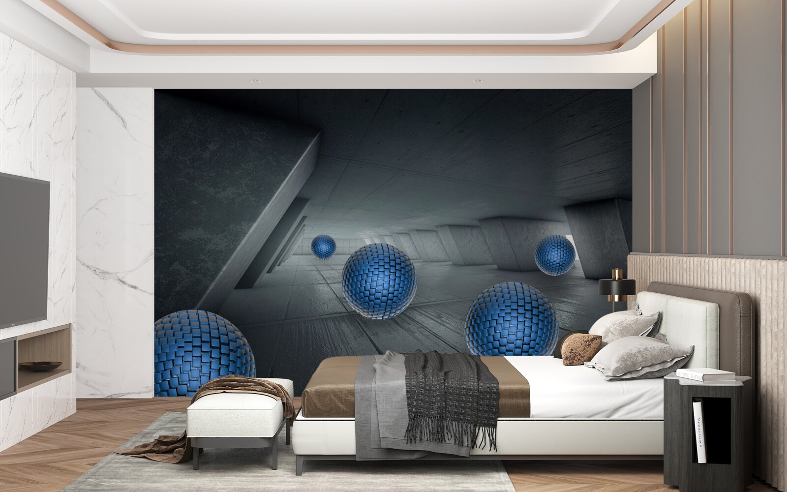 Papier peint passage gris sans fin et boules bleues