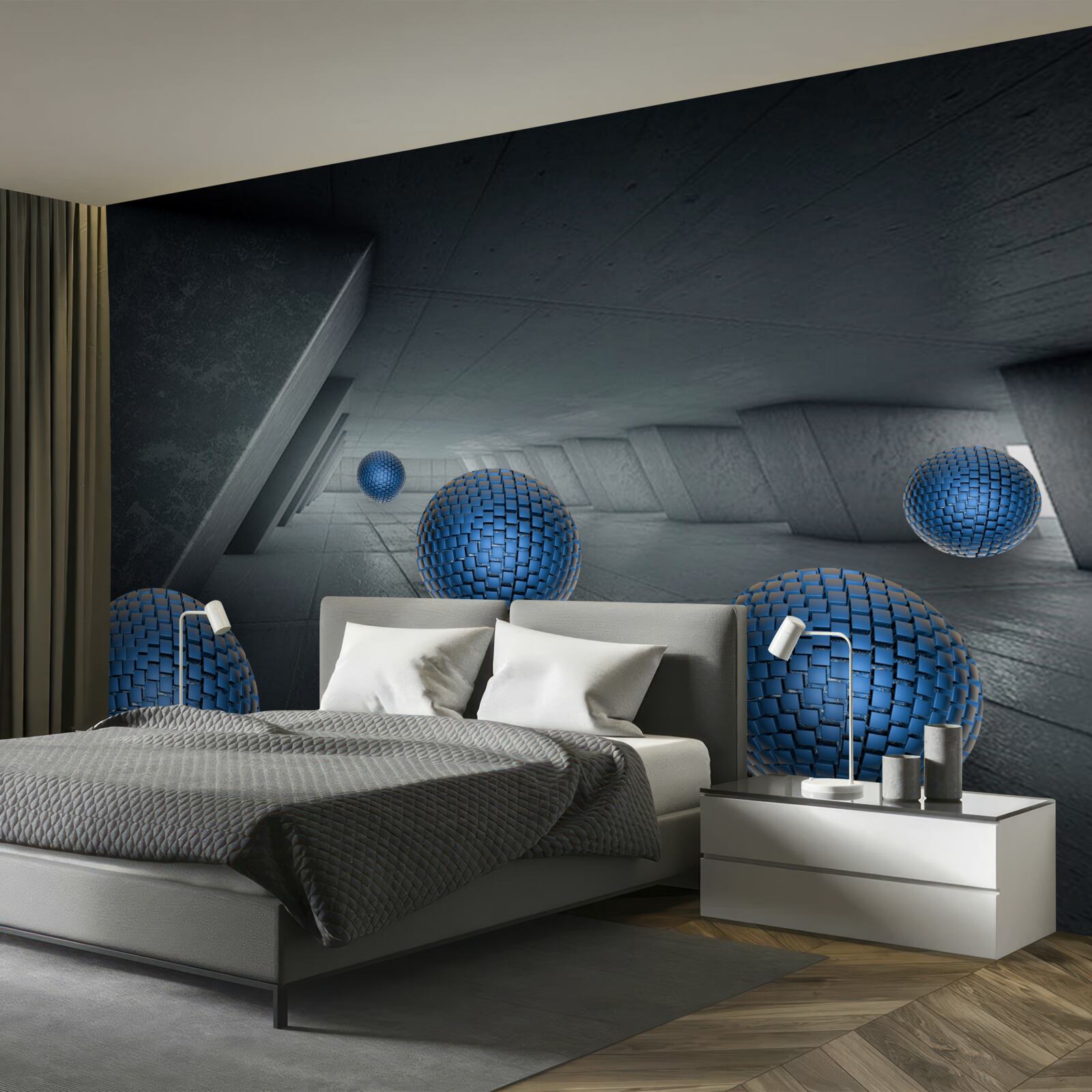 Papier peint passage gris sans fin et boules bleues